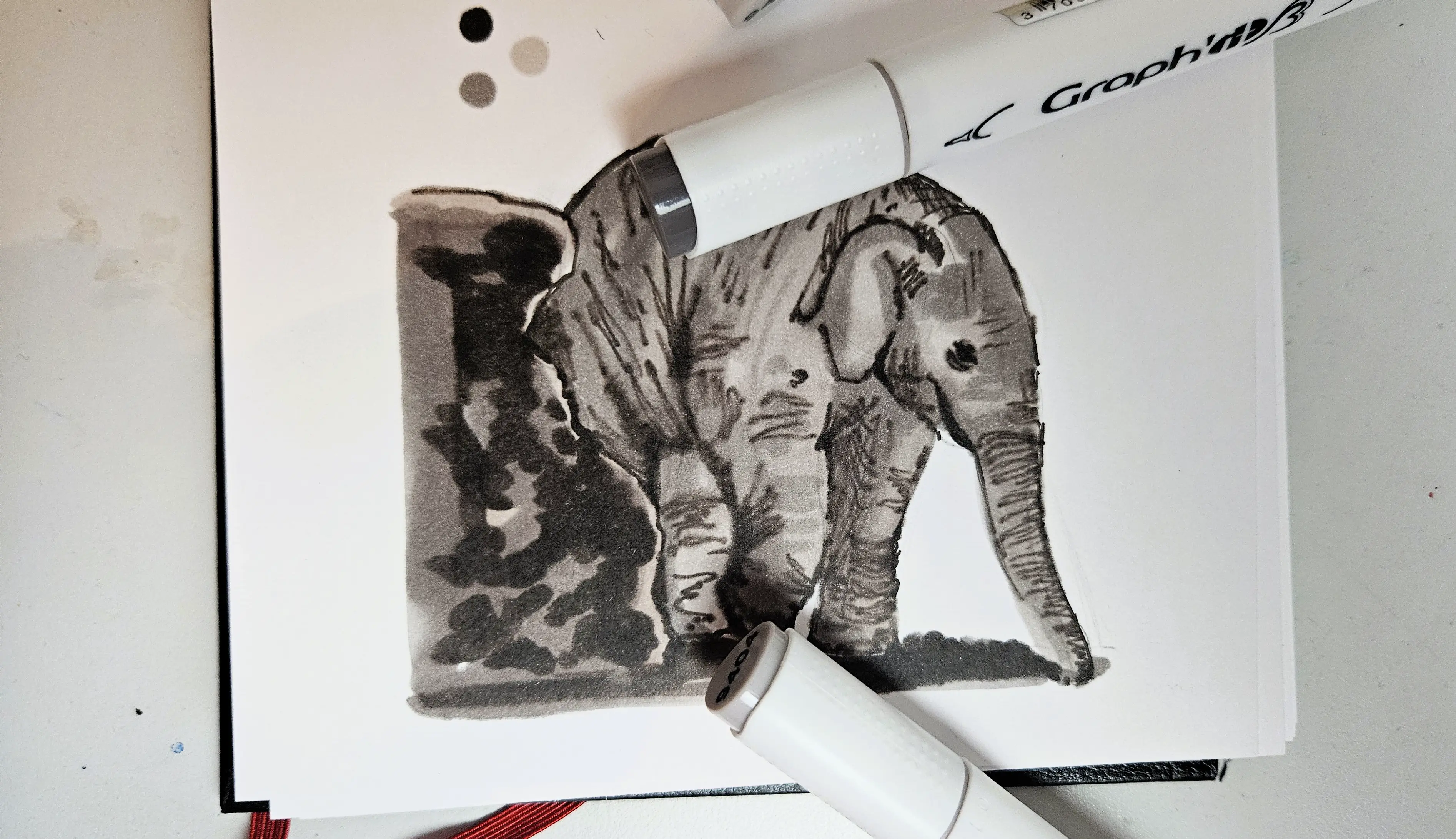 dessiner les détails d’un éléphanteau aux feutres à alcool