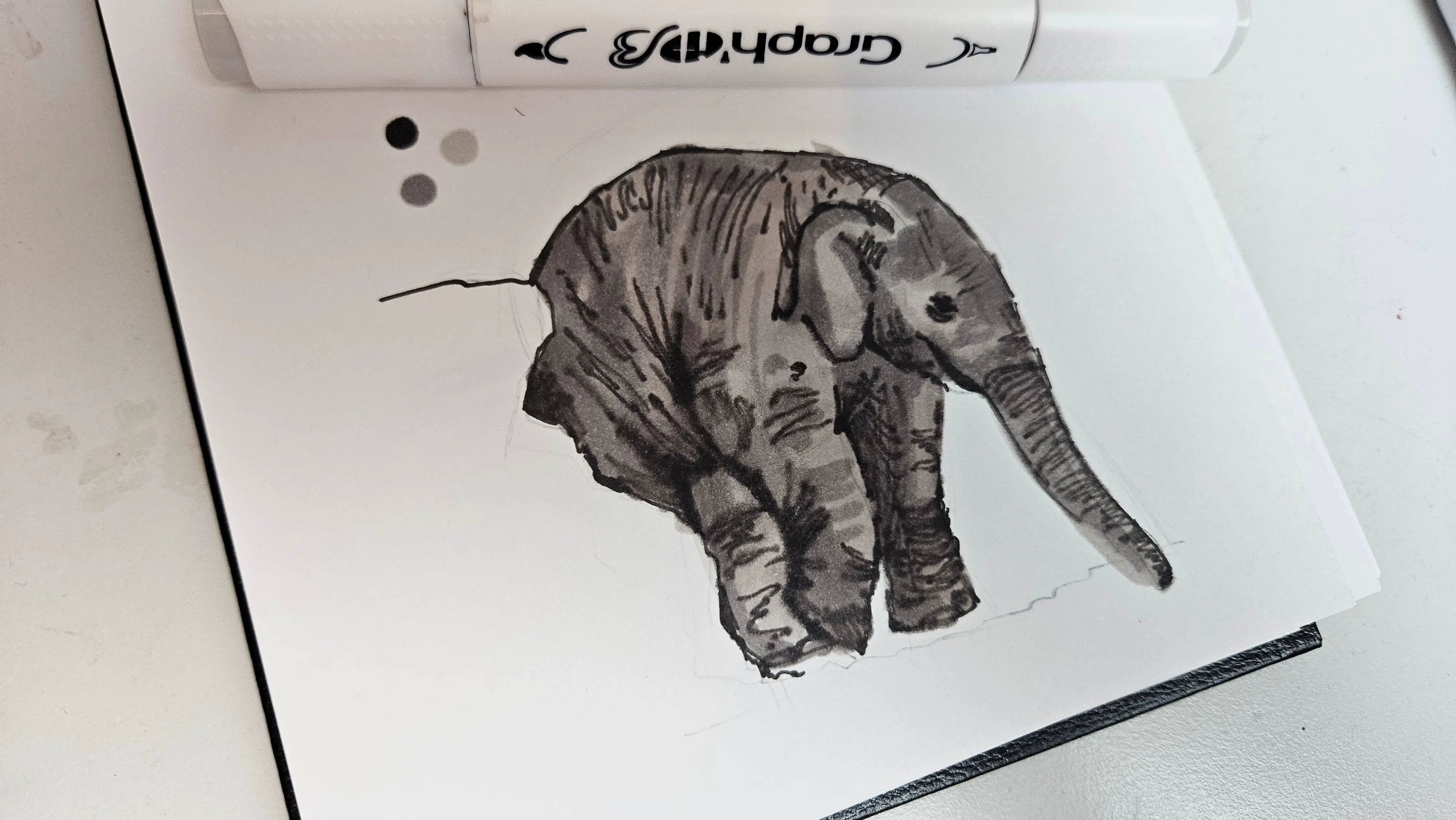 dessiner les zones foncées d’un éléphanteau aux feutres à alcool