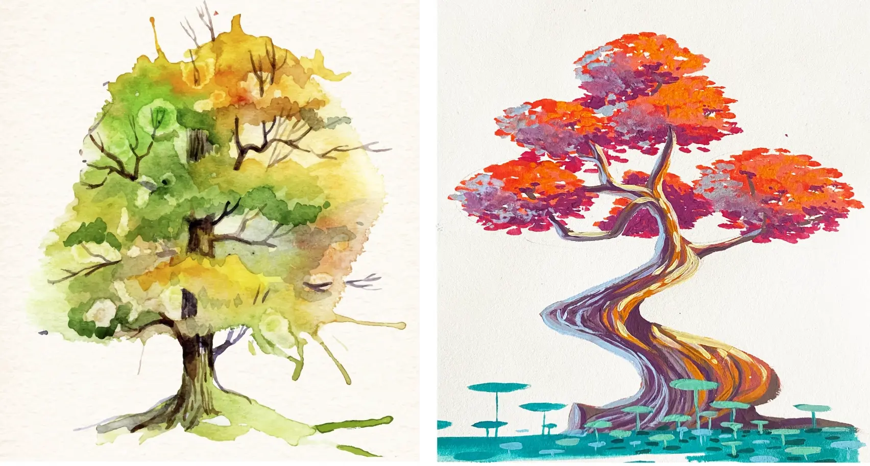 la différence de rendu entre l’aquarelle et l’acrylique