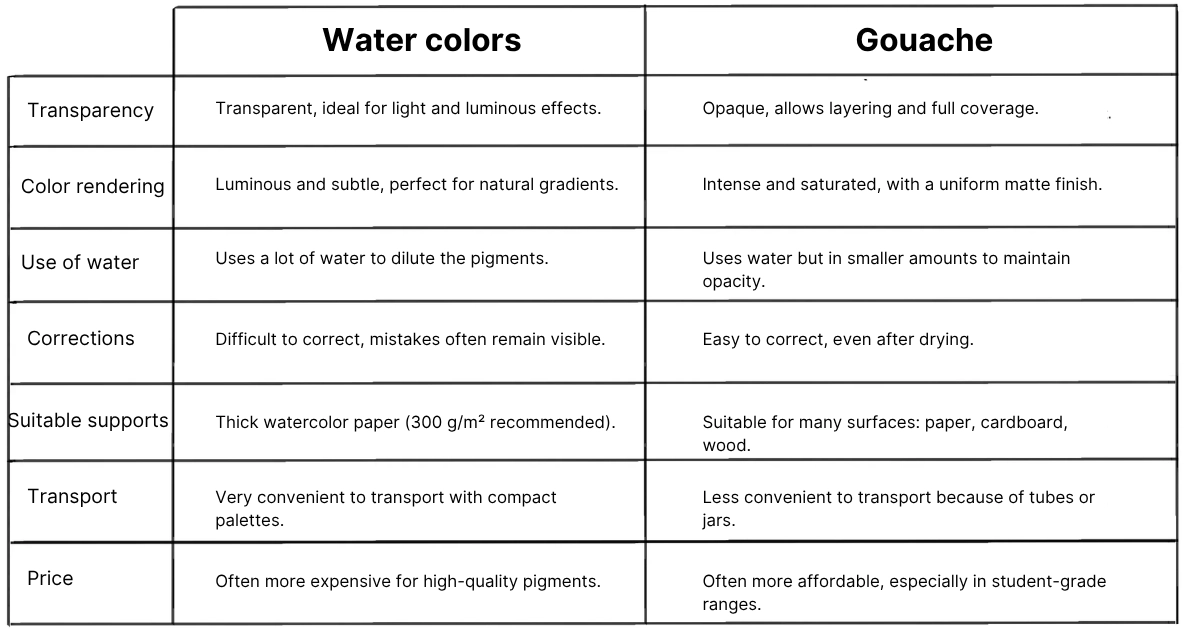 comparative table between watercolor and gouache