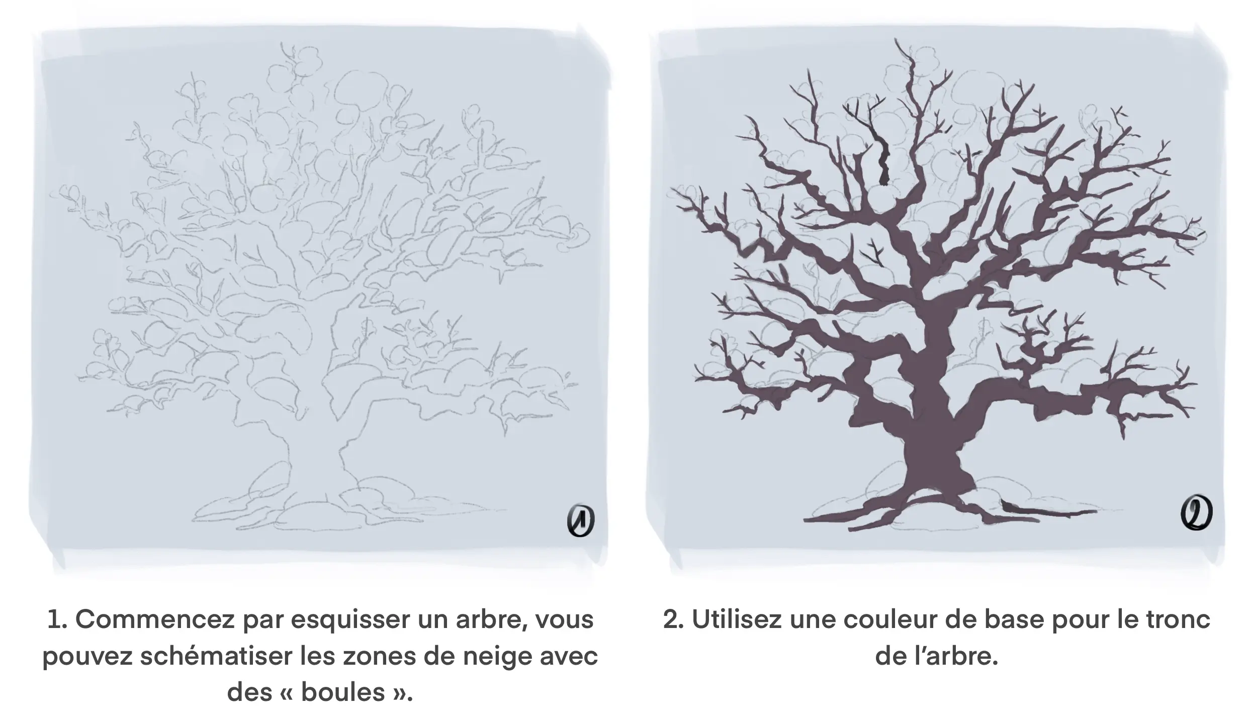 dessiner le tronc d’un arbre enneigé