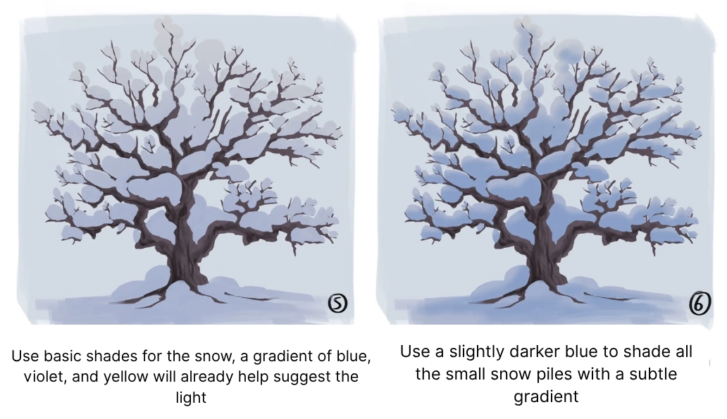 drawing of a snowy tree with added shadows