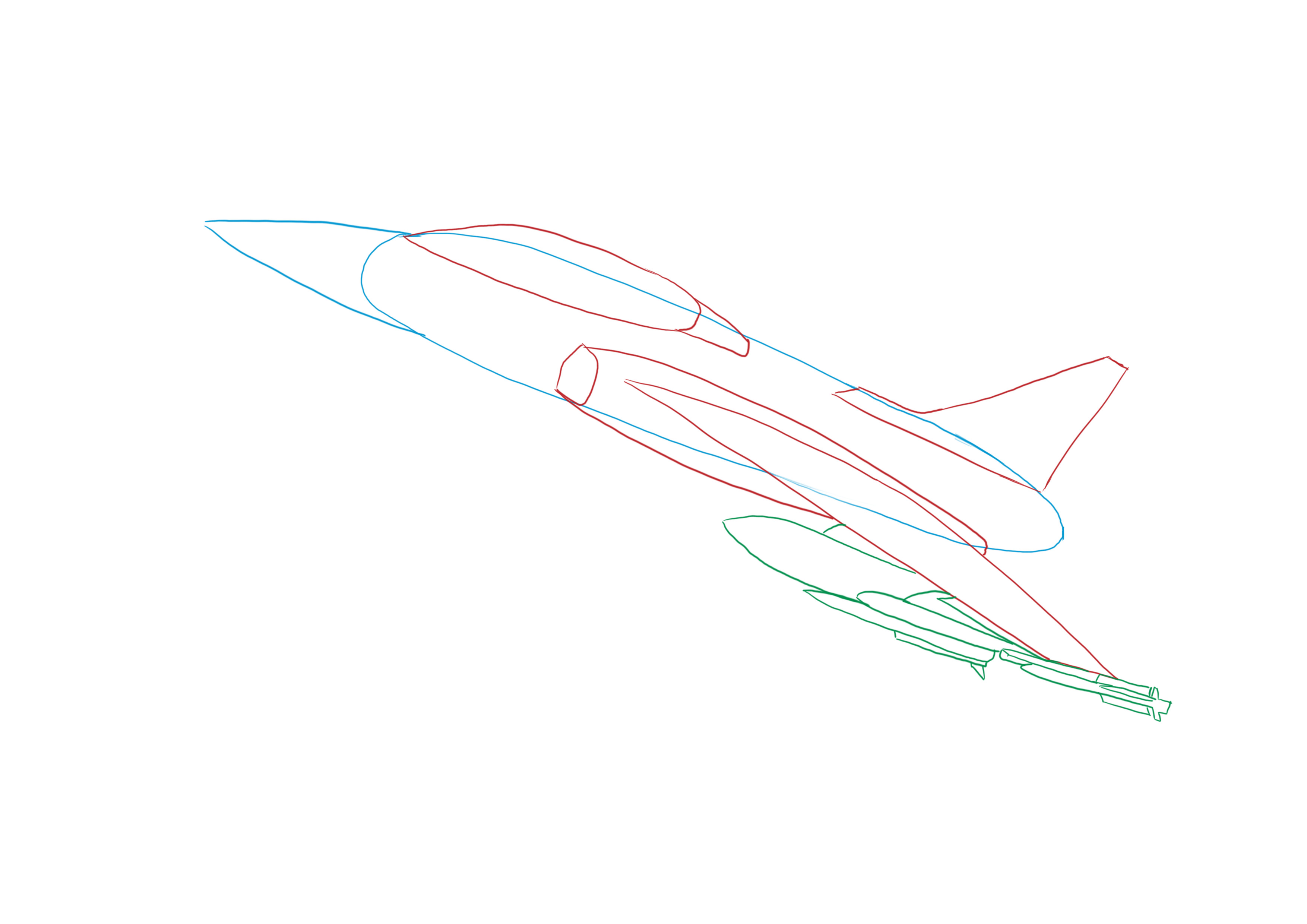 croquis des missiles au premier-plan de l’avion de chasse
