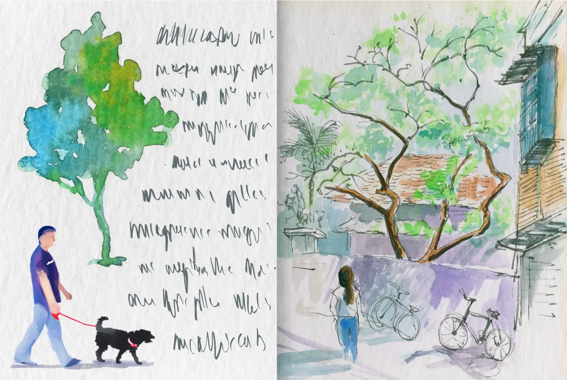 croquis à l’aquarelle dans un carnet de voyage