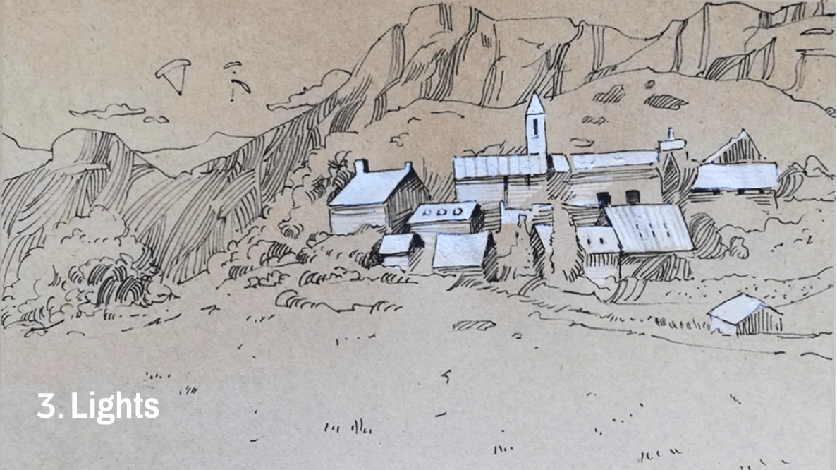 drawing of highlights in a sketchbook