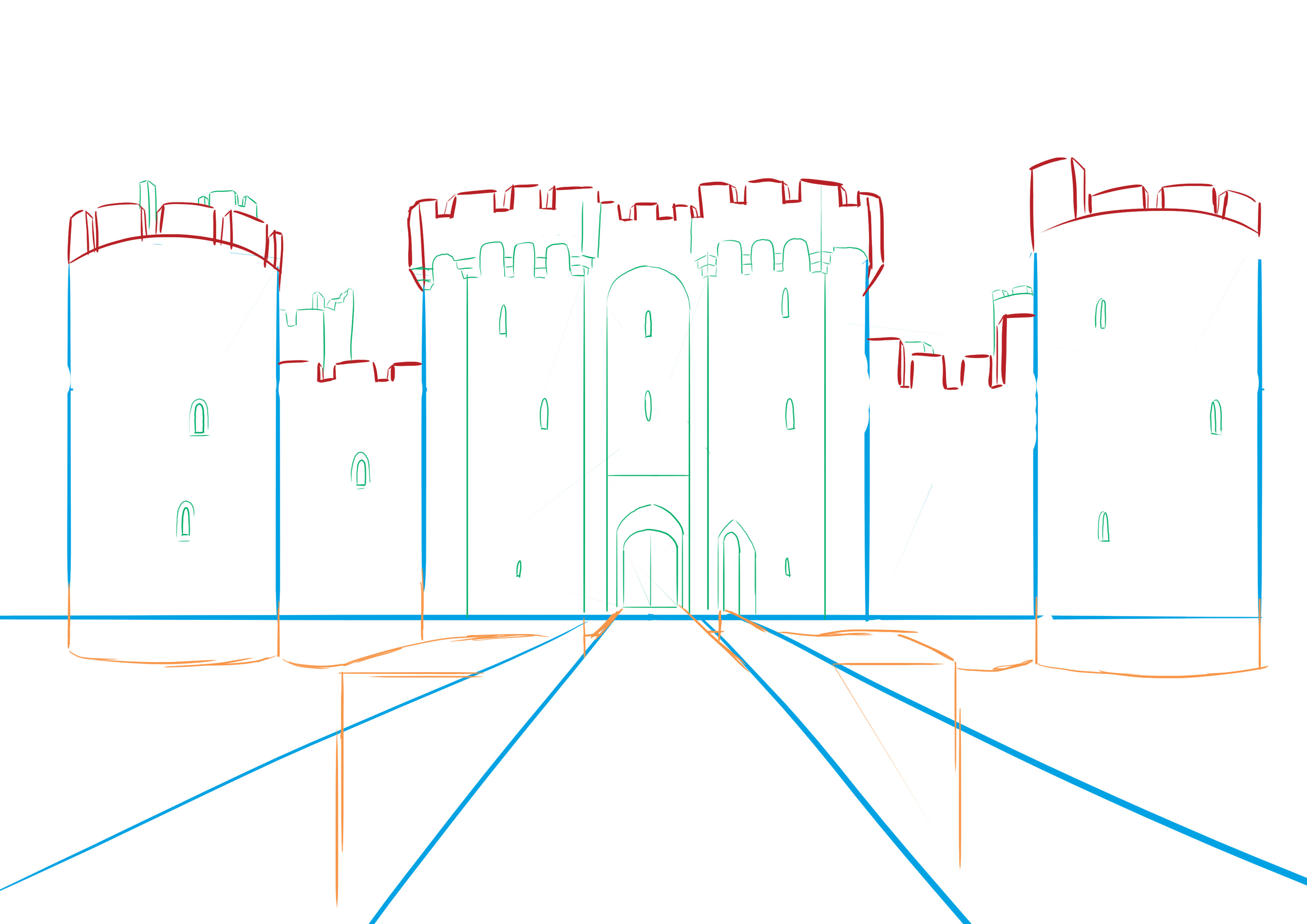 croquis du bas du château et cubes en perspective
