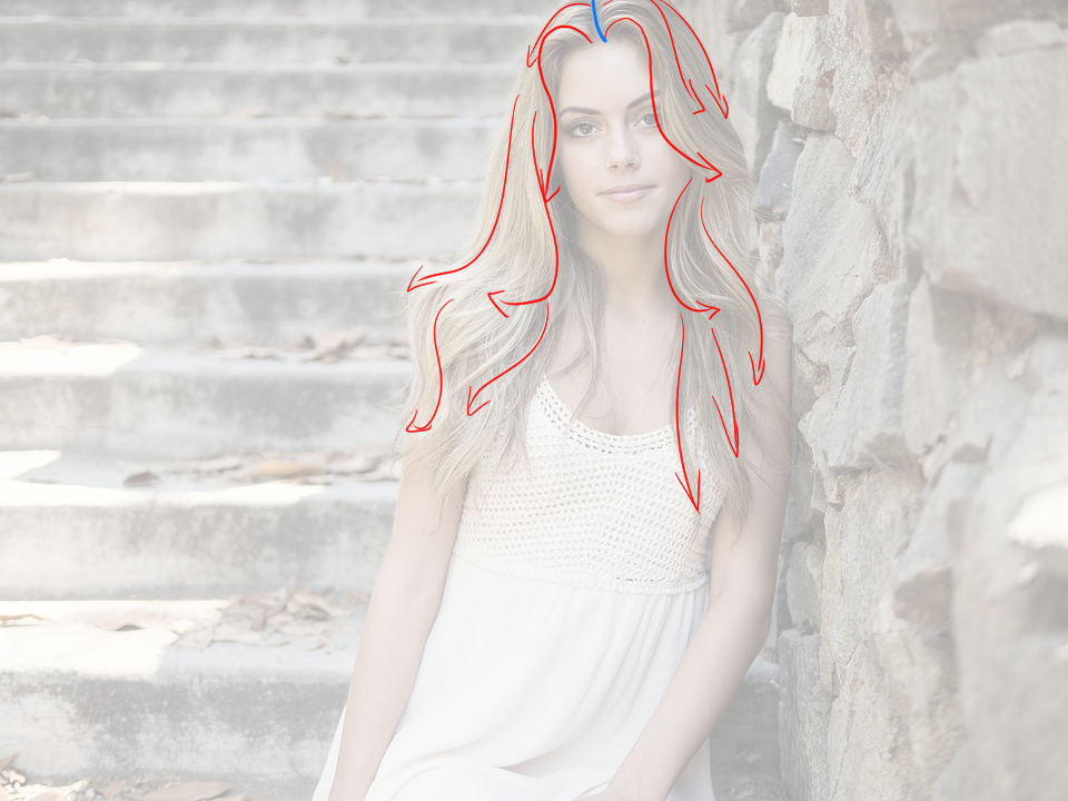 schéma du mouvement des cheveux de fille longs et ondulés