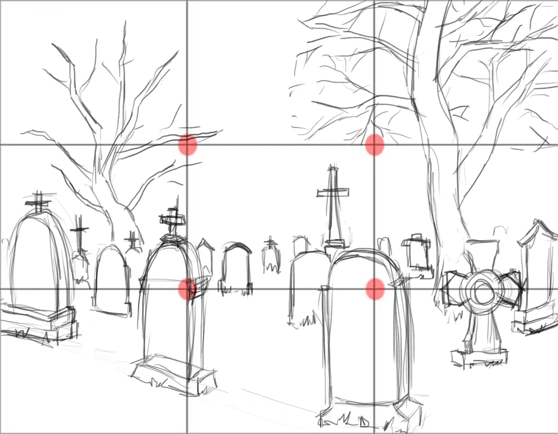 dibujar los árboles de un cementerio