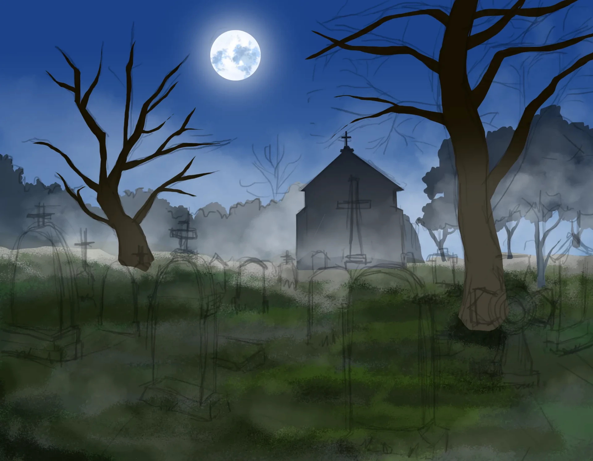 dibujar el césped de un cementerio