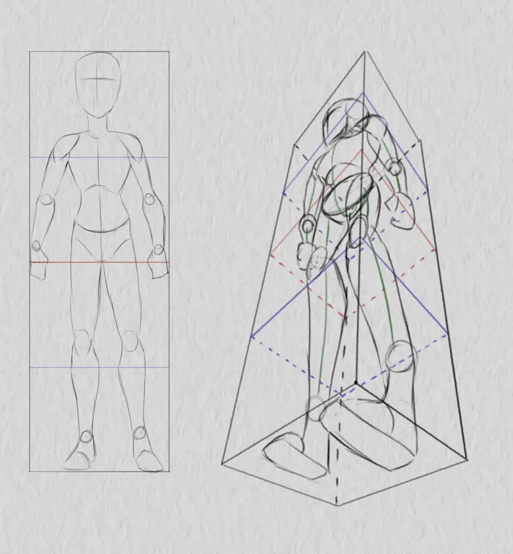 dessiner les volumes d’un personnage en contre-plongée