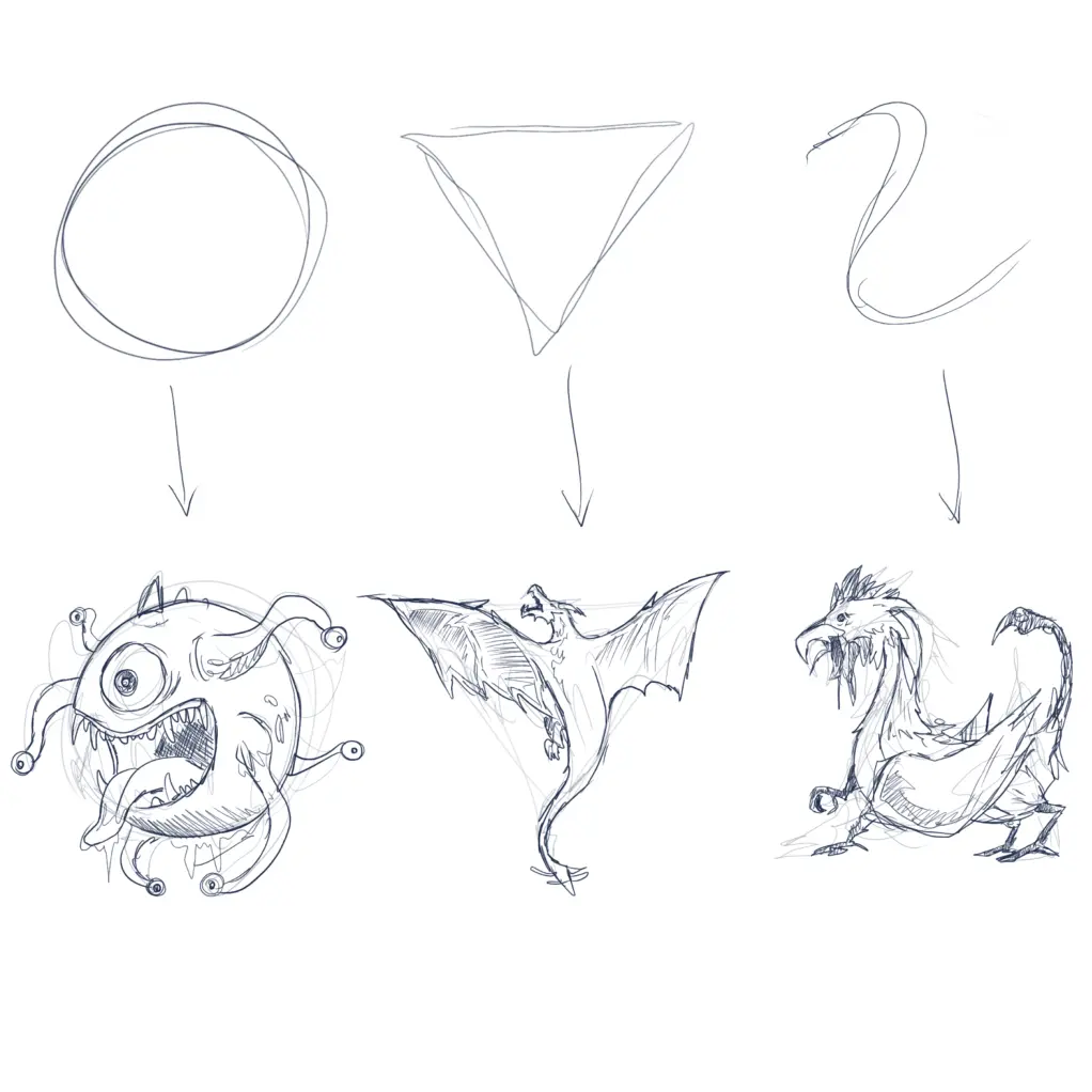 croquis de créatures fantastiques