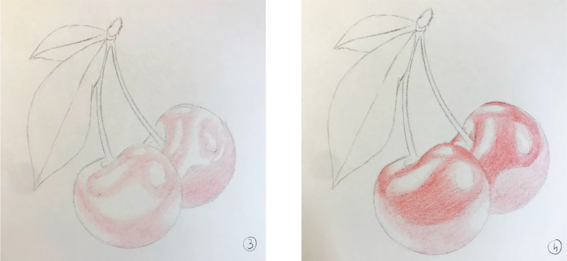 dessiner la base d’une cerise réaliste aux crayons de couleur