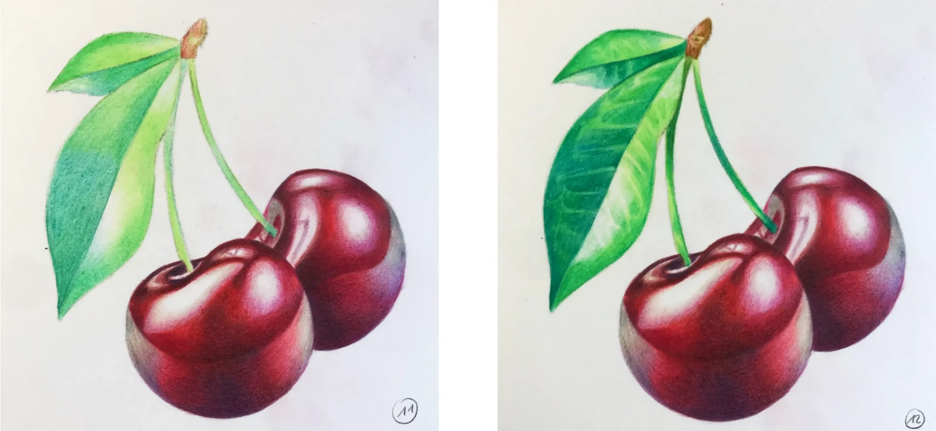 dessiner les détails d’une cerise réaliste aux crayons de couleur