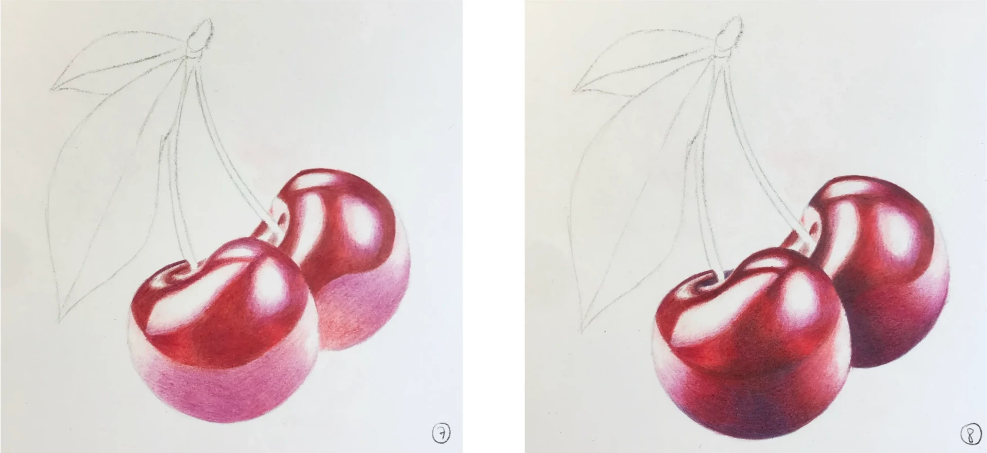 dessiner les ombres d’une cerise réaliste aux crayons de couleur