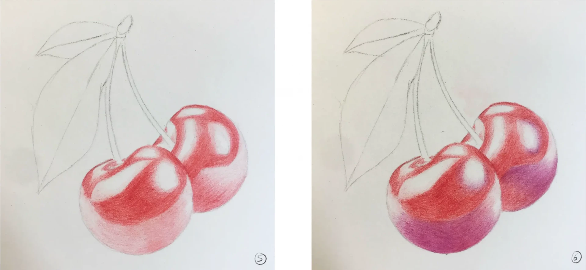 dessiner les reflets d’une cerise réaliste aux crayons de couleur