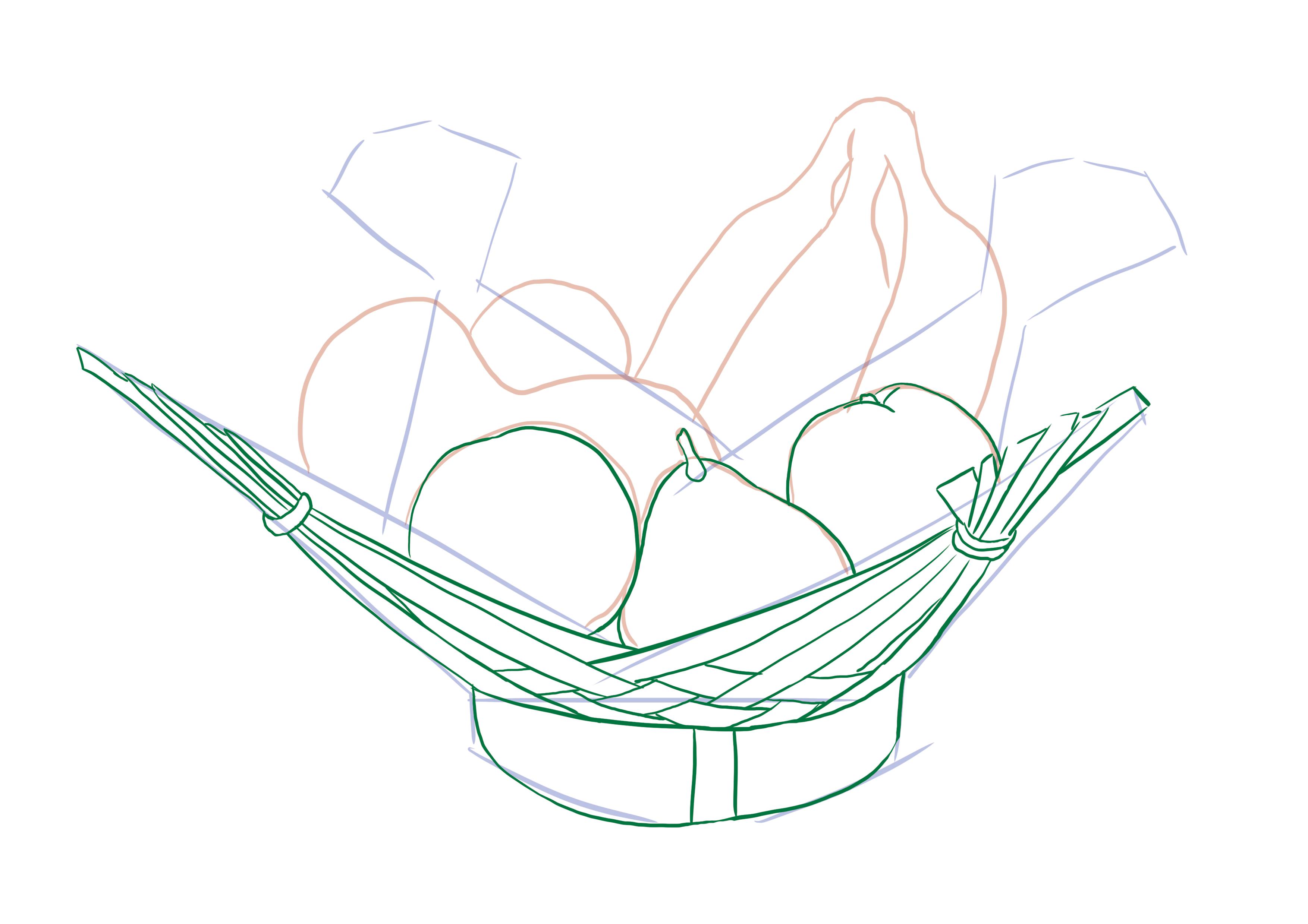 dessiner la corbeille avec les pommes et la poire