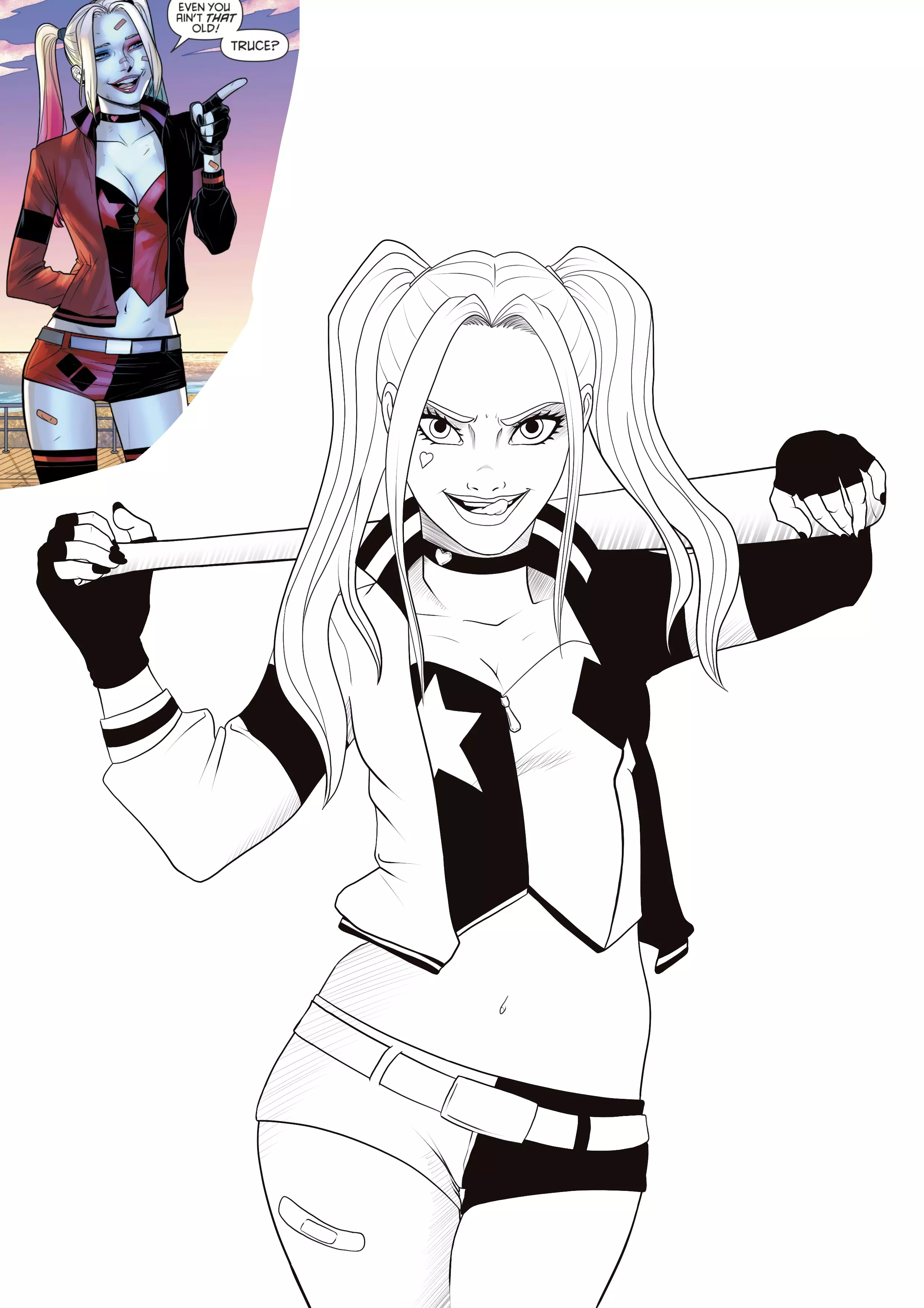 dessin d’harley quinn en noir et blanc