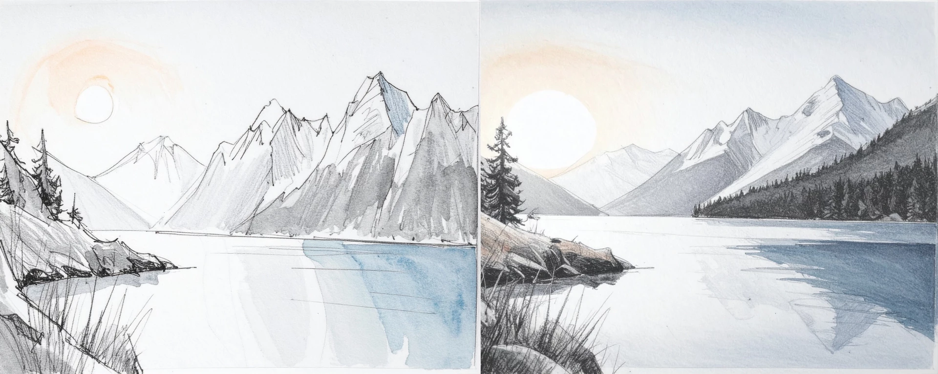 dessiner un croquis d’un lac entouré de montagnes