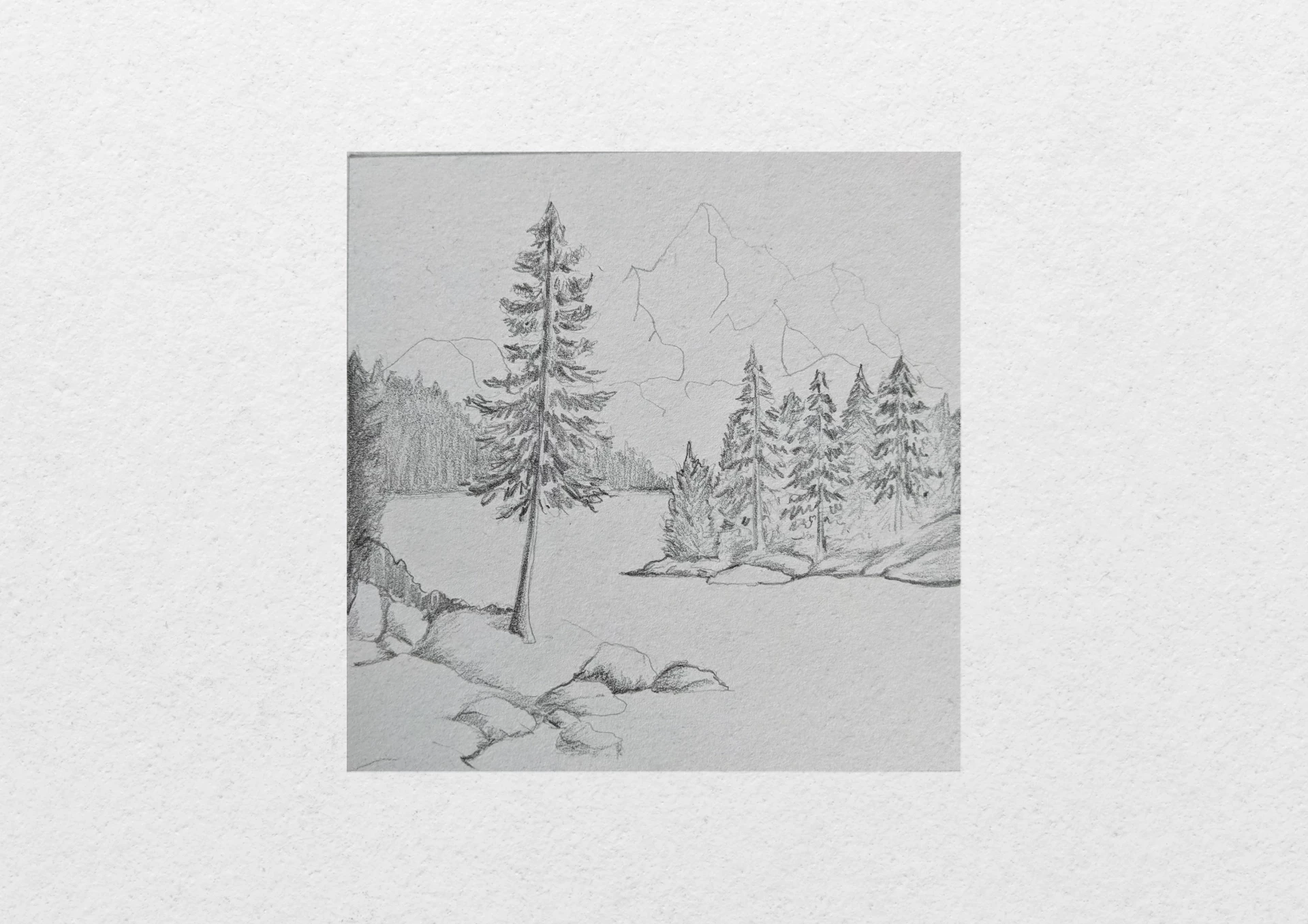 dessiner l’arrière plan d’un lac entouré de montagnes