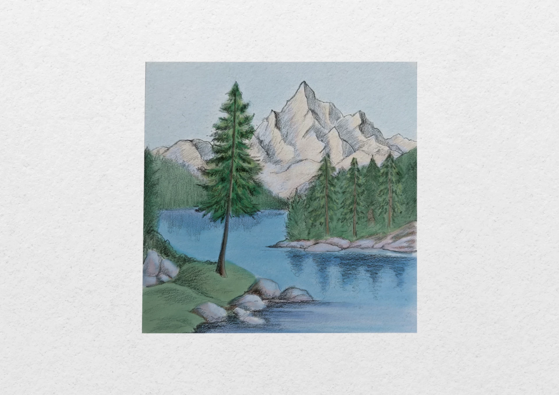 dessin d’un lac entouré de montagnes