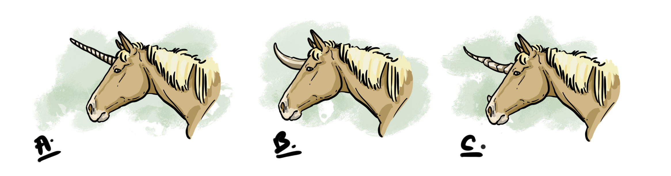 différents choix de cornes pour le dessin de licorne