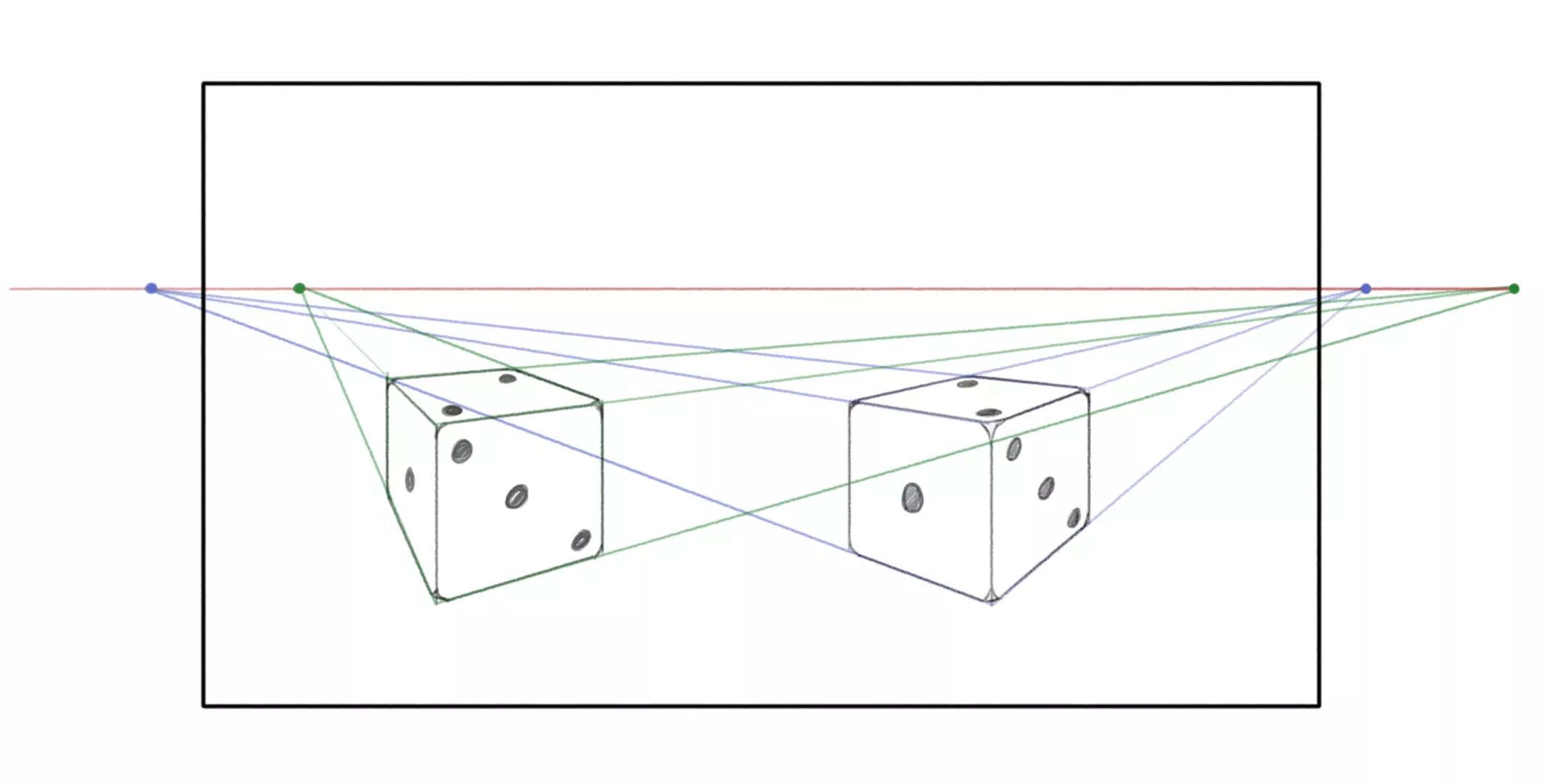 dibujar un dado en una línea del horizonte con una orientación diferente