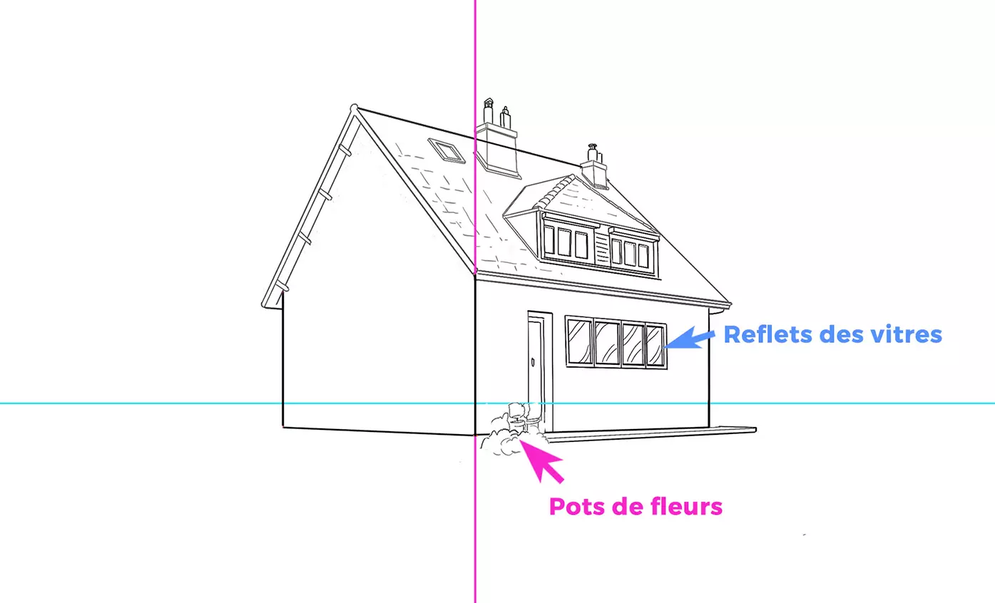 dessin des reflets des vitres d’une maison