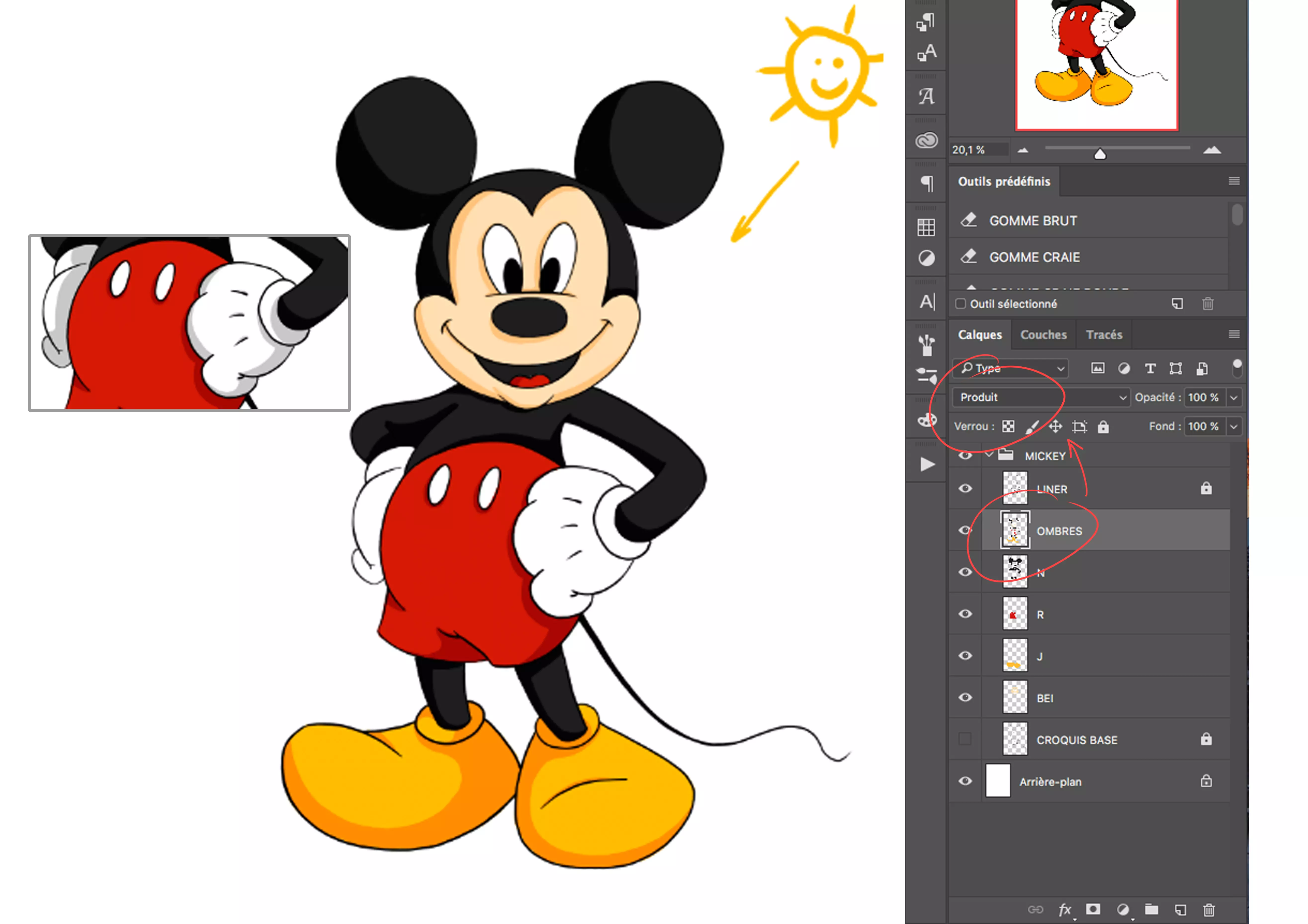 dessin des ombres de mickey