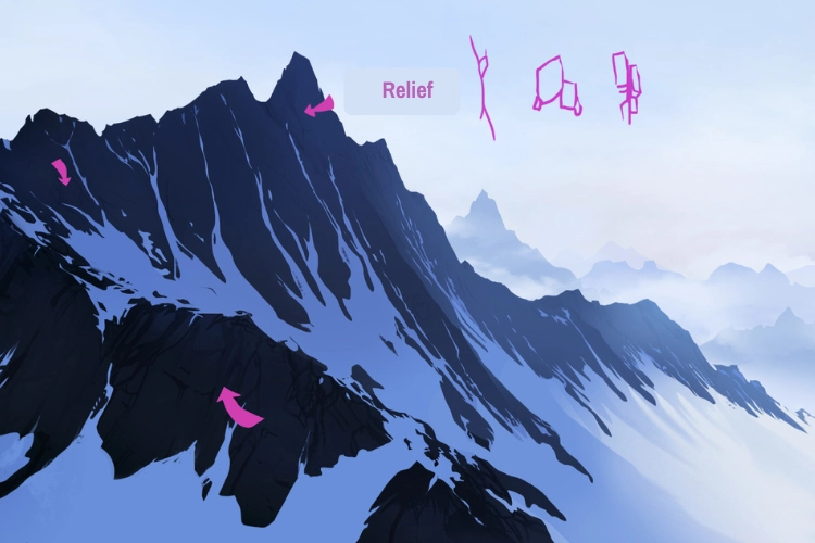 draw relief on the mountains