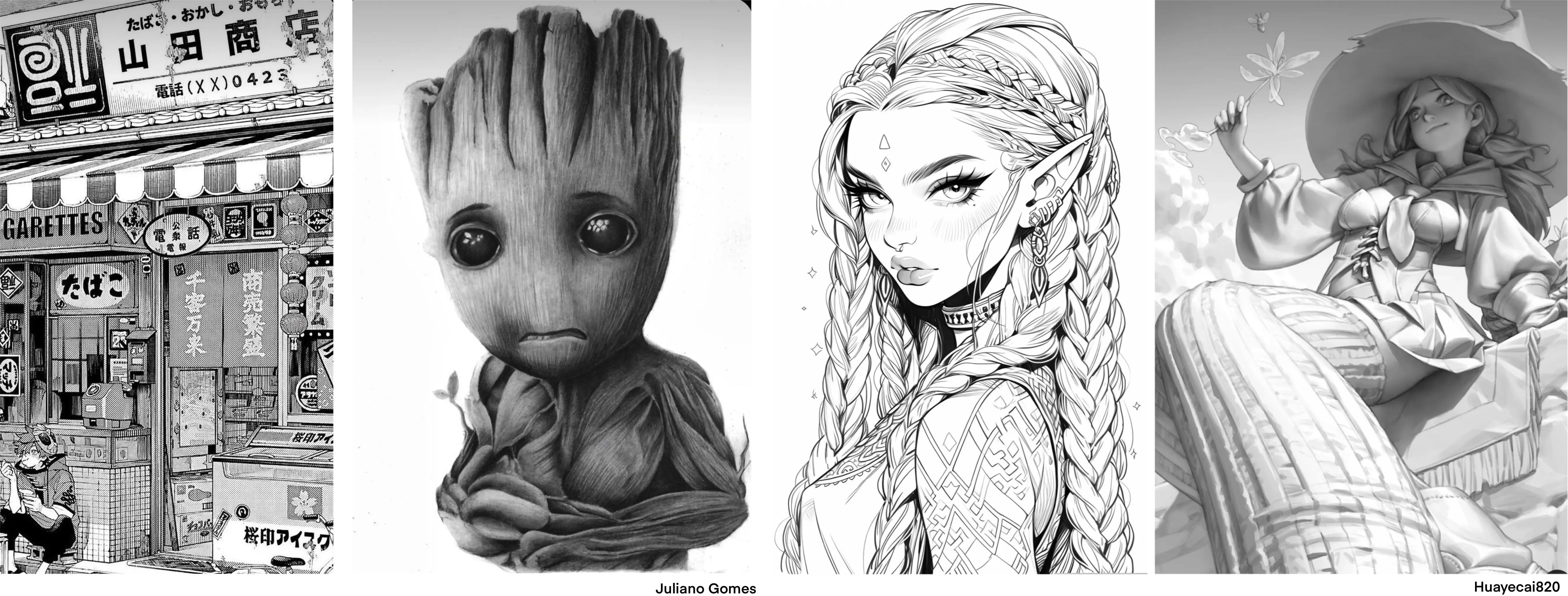 exemples de styles graphiques différents pour le dessin en noir et blanc