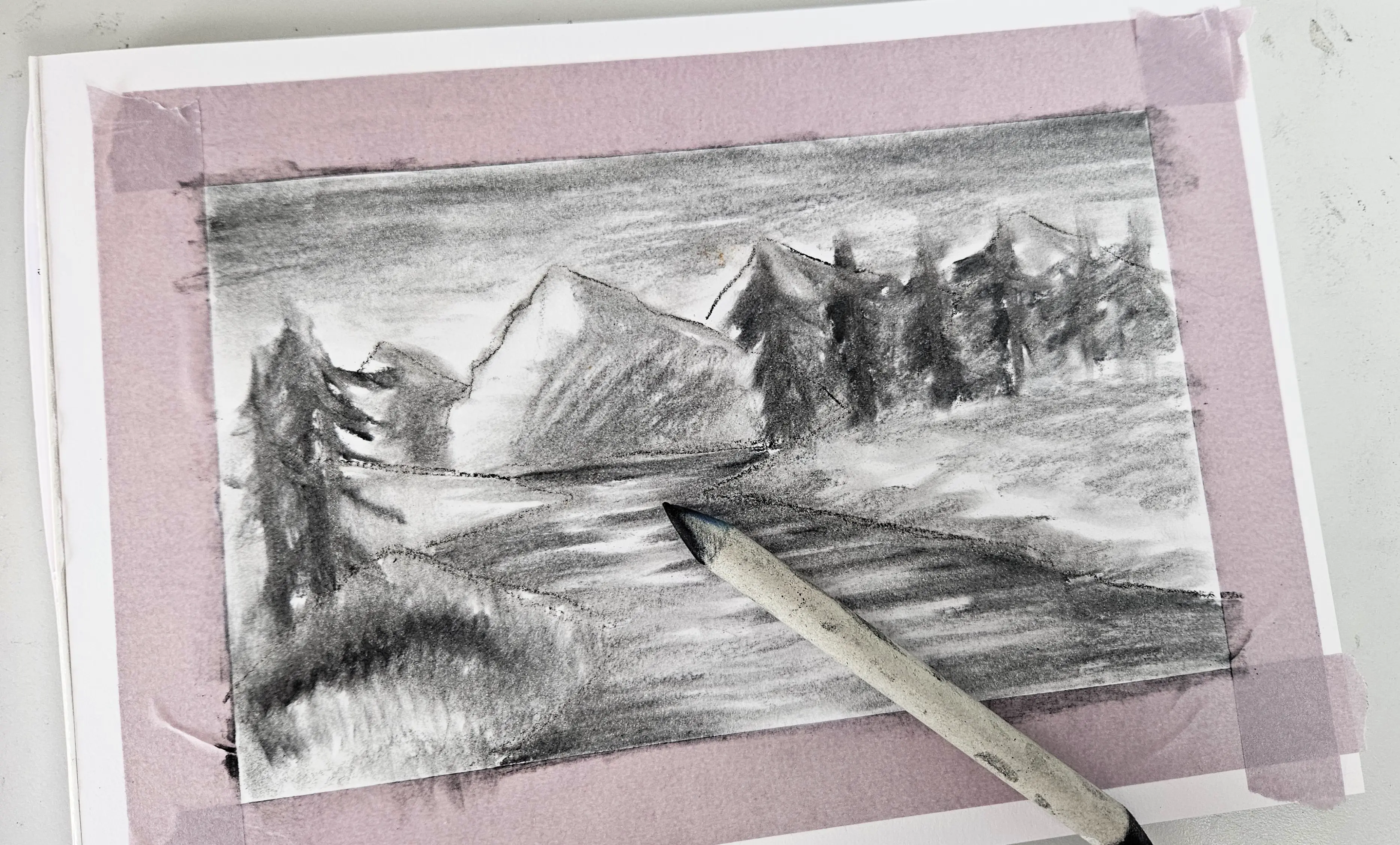 dessiner le ciel d’un paysage au fusain