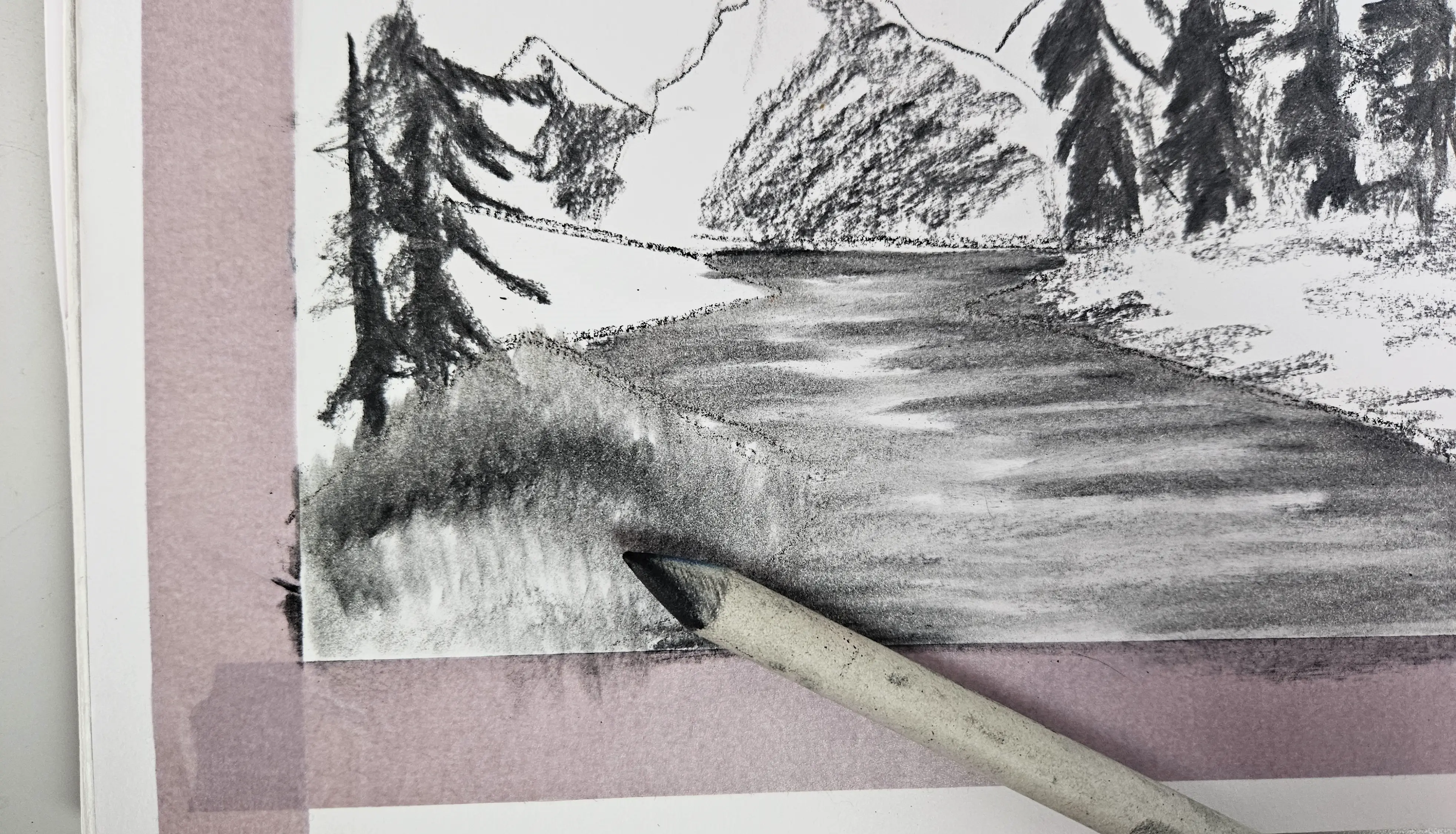 dessiner l’herbe d’un paysage au fusain