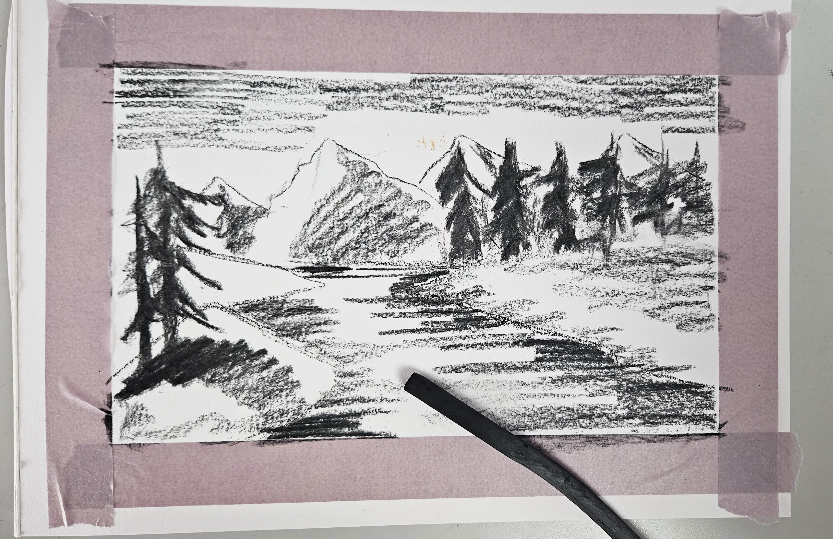 dessiner les ombres d’un paysage au fusain