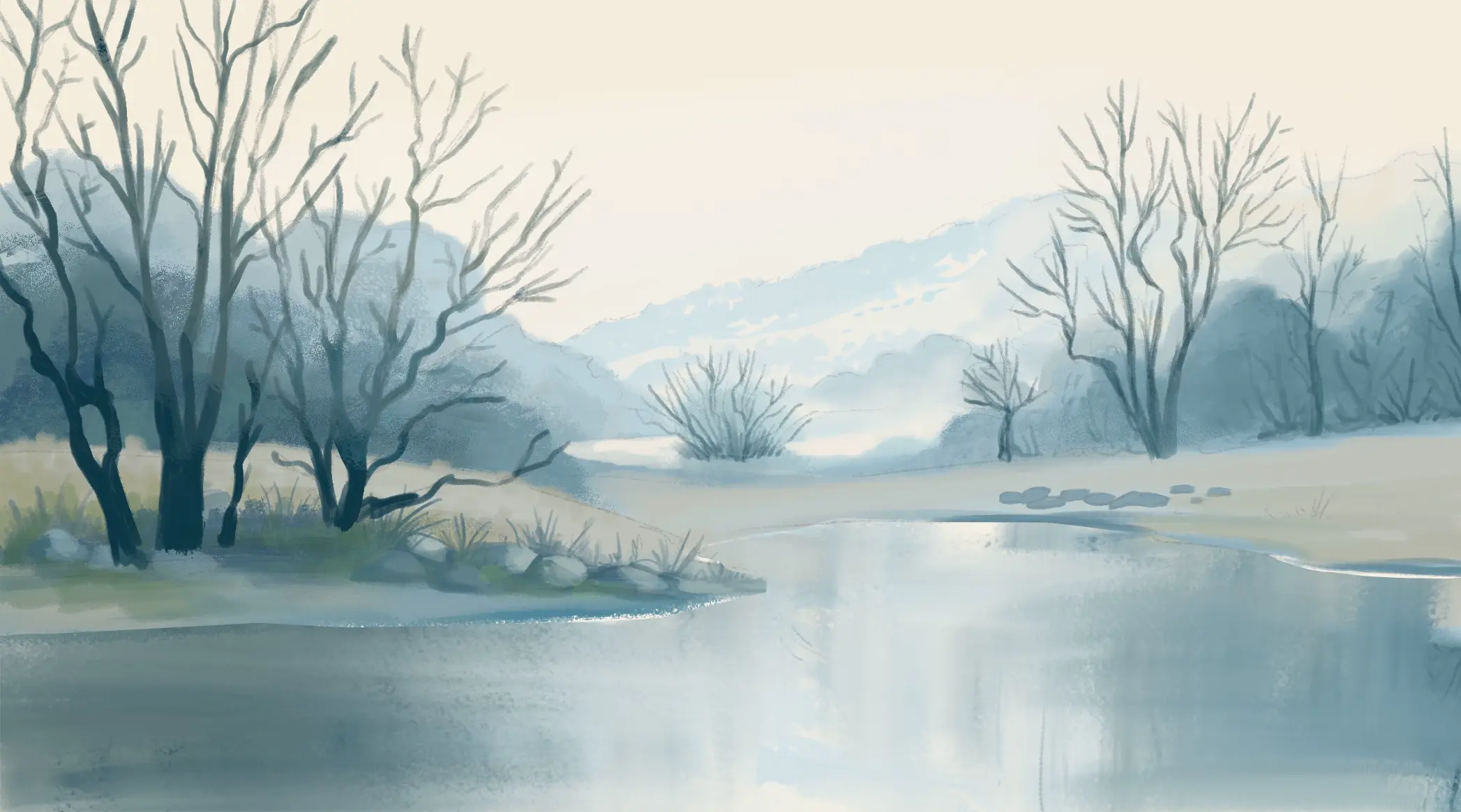 dessiner le lac d’un paysage d’hiver