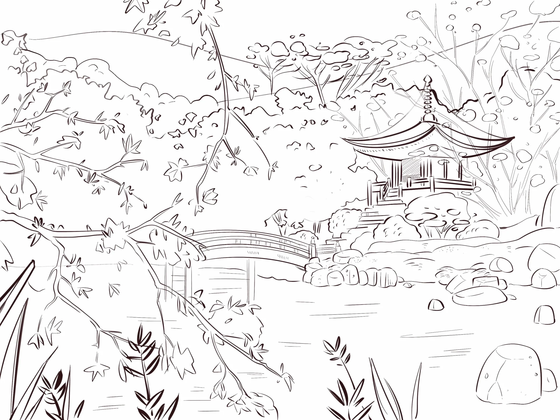 dessiner les feuilles d’un paysage japonais