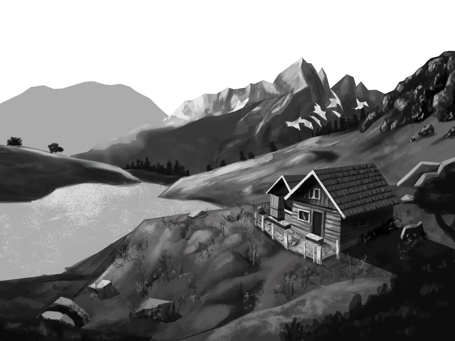 dessiner l’arrière plan d’un paysage en noir et blanc