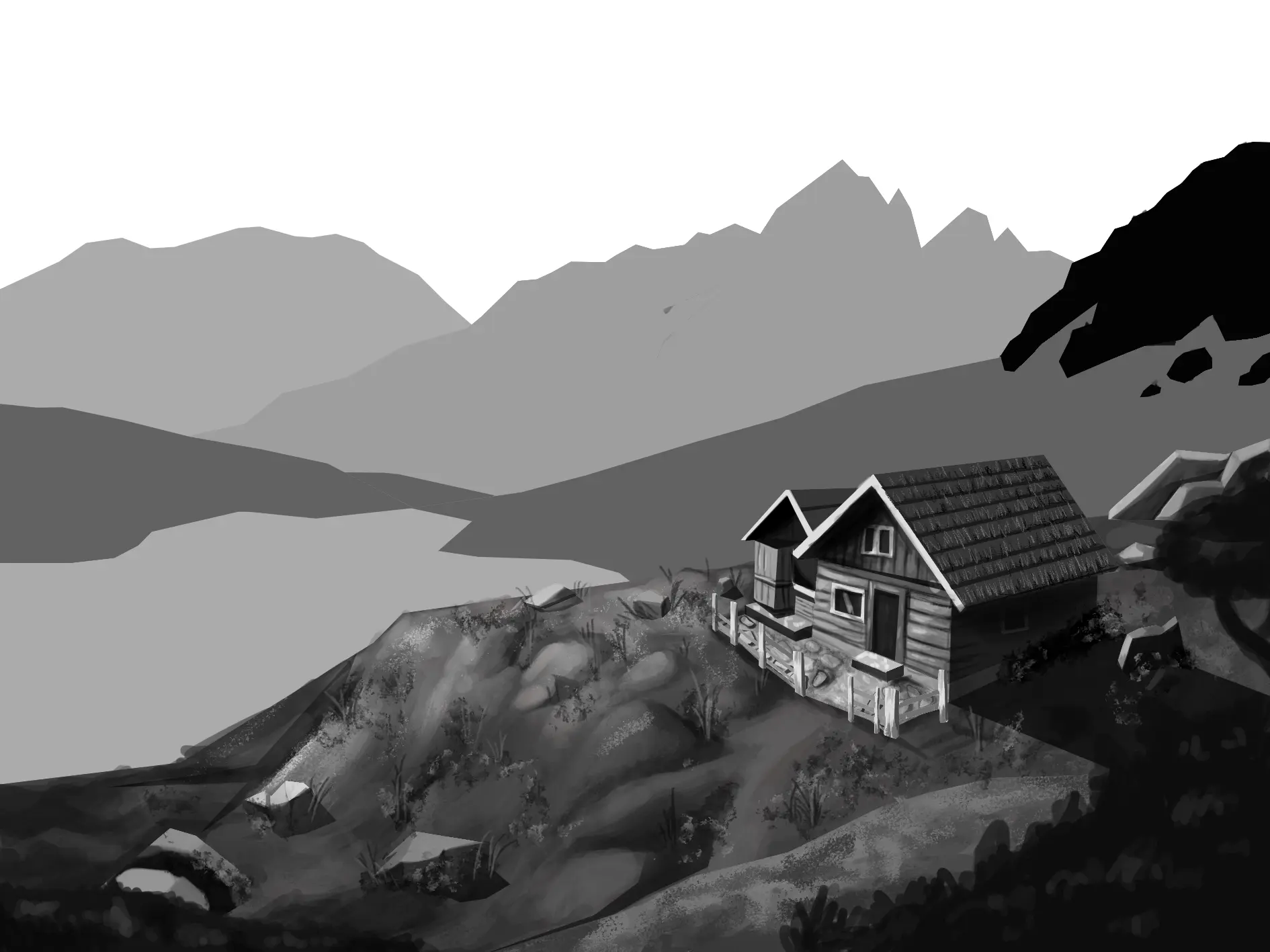 dessiner les détails décoratifs d’un paysage en noir et blanc