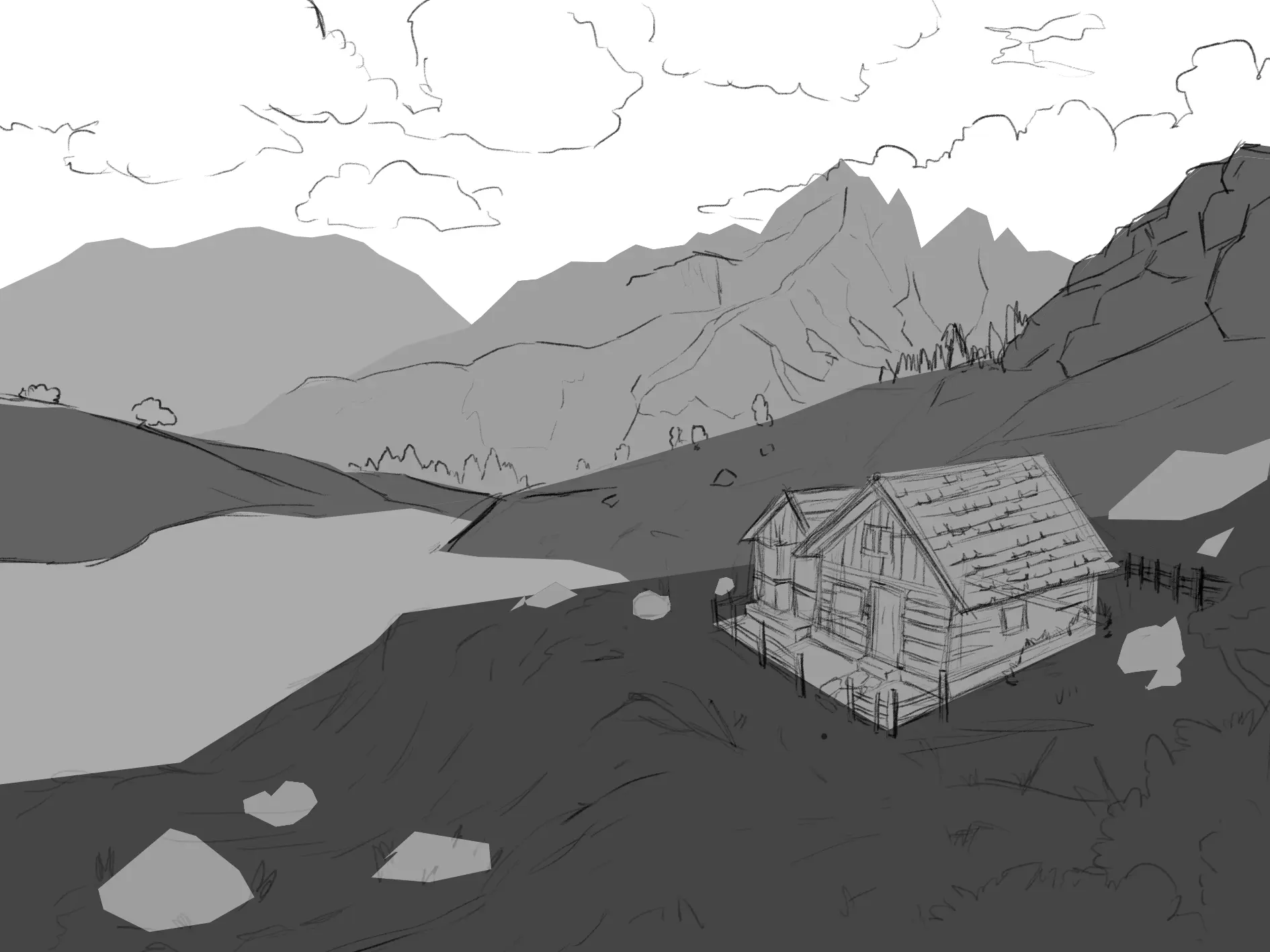 dessiner les détails d’un paysage en noir et blanc