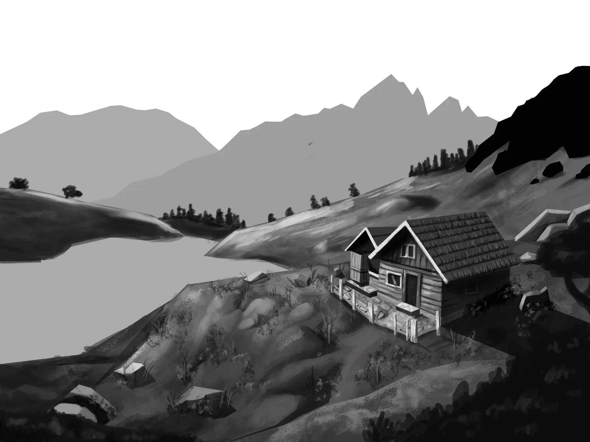 dessiner le lac d’un paysage en noir et blanc