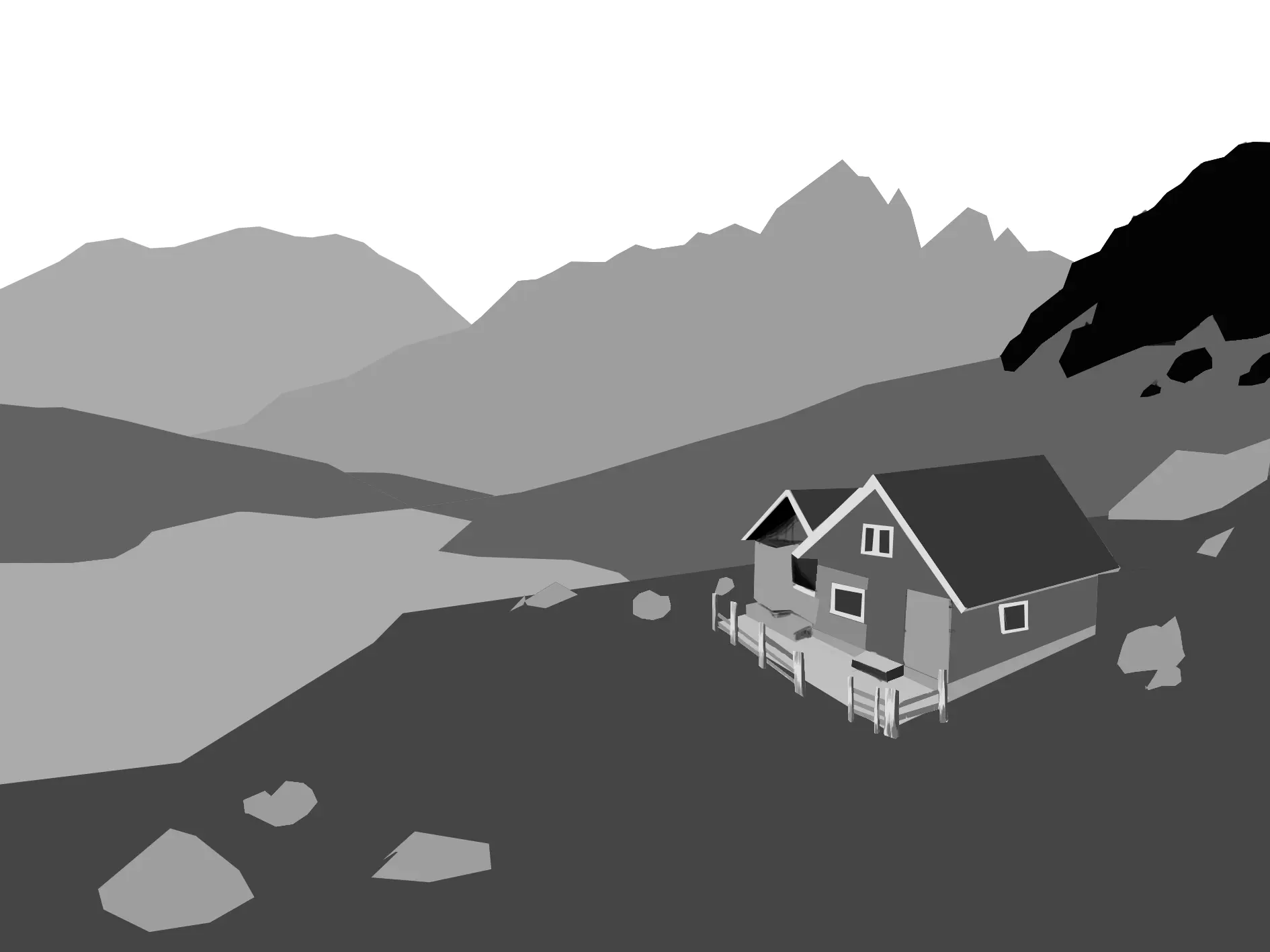 dessiner la maison d’un paysage en noir et blanc
