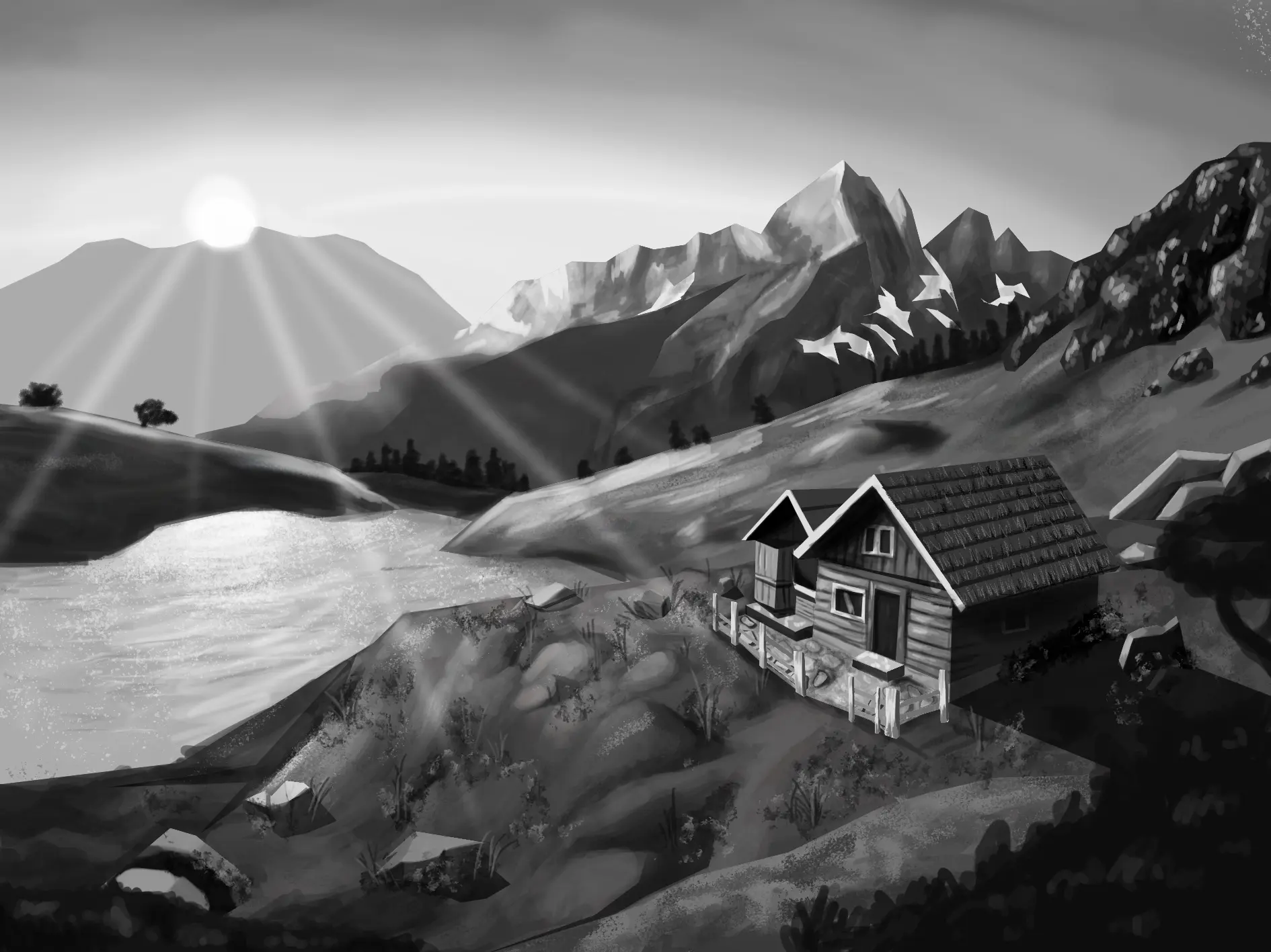 dessin d’un paysage en noir et blanc