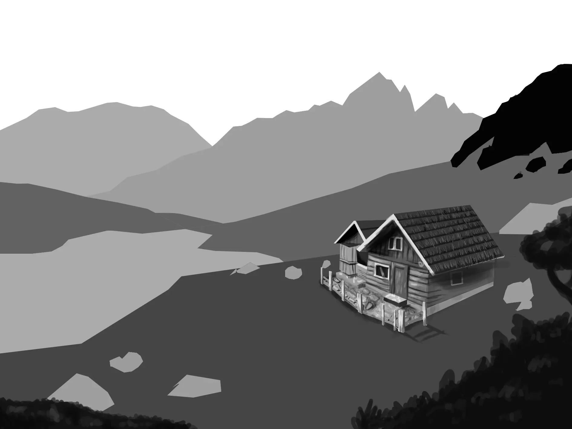 dessiner le plan principal d’un paysage en noir et blanc