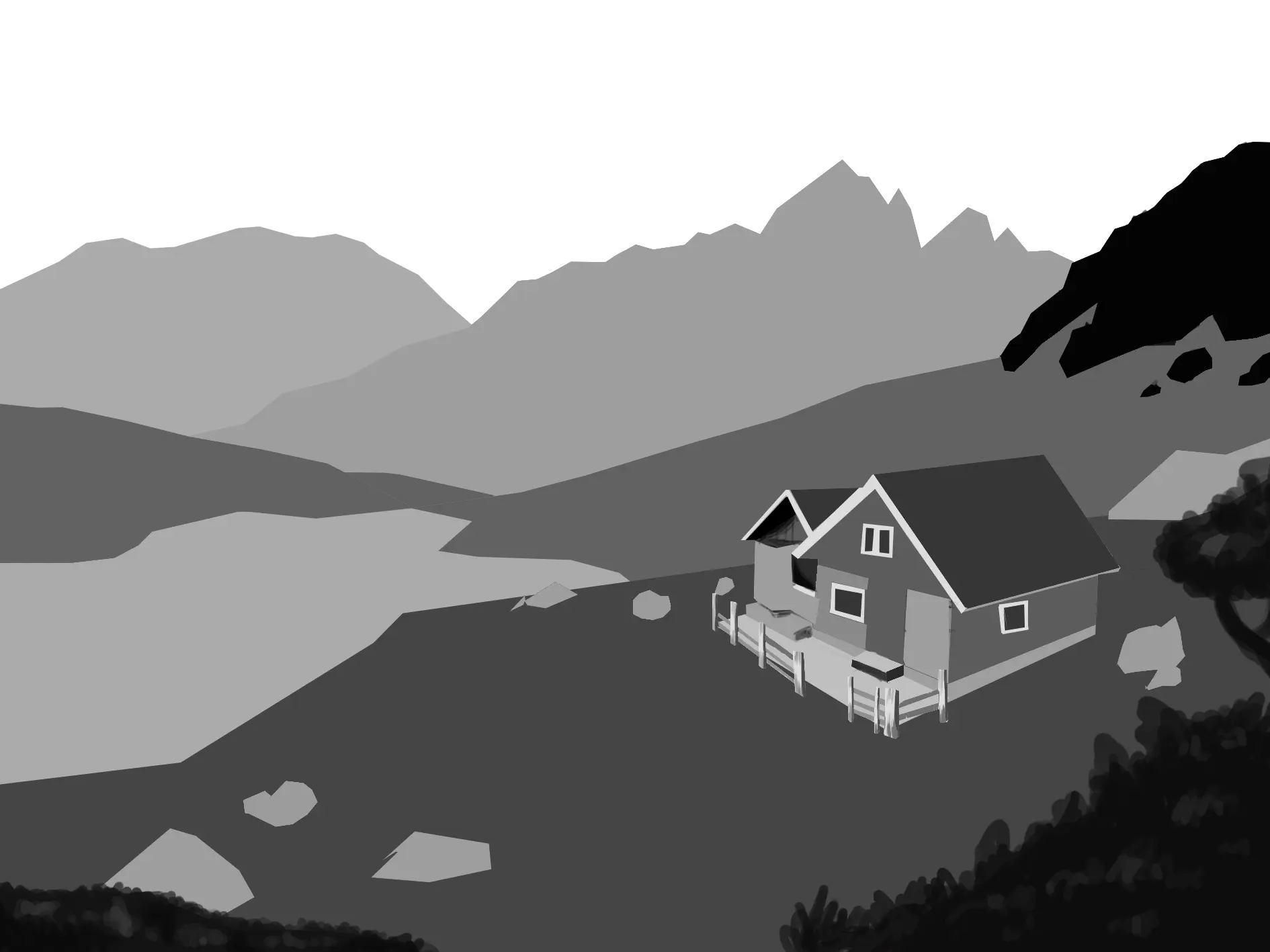 dessiner le premier plan d’un paysage en noir et blanc