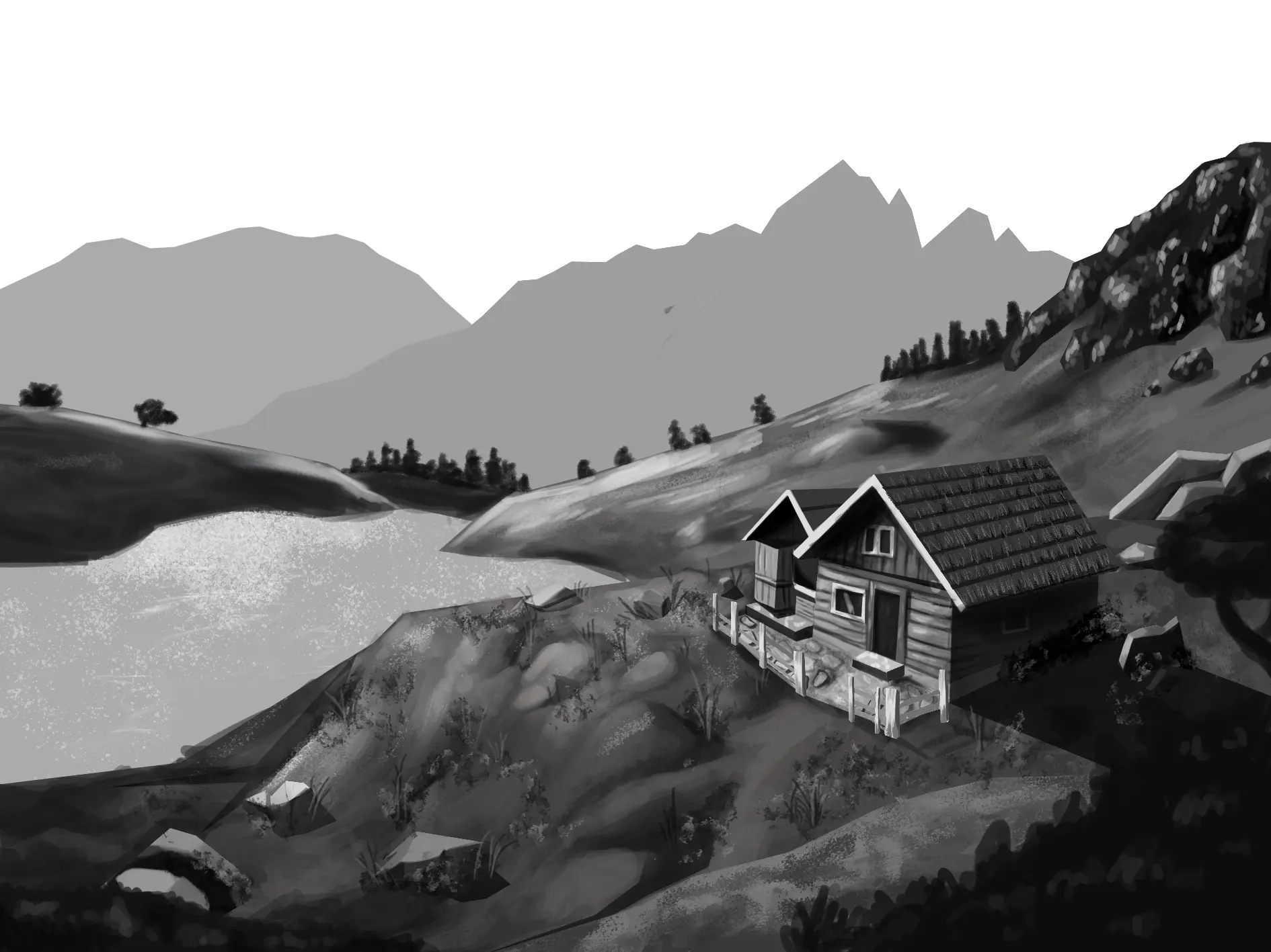 dessiner les rochers d’un paysage en noir et blanc