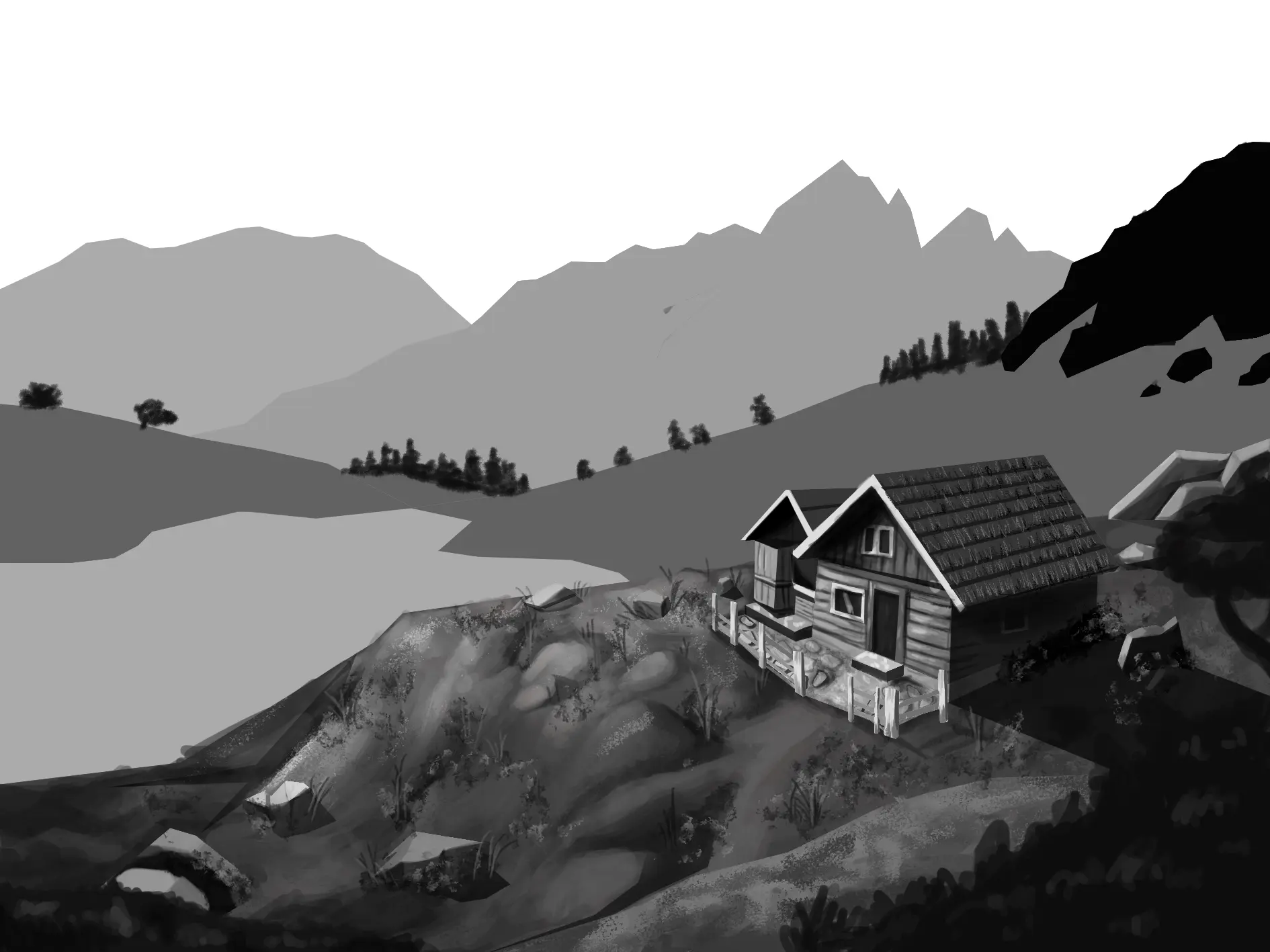 dessiner le troisieme plan d’un paysage en noir et blanc