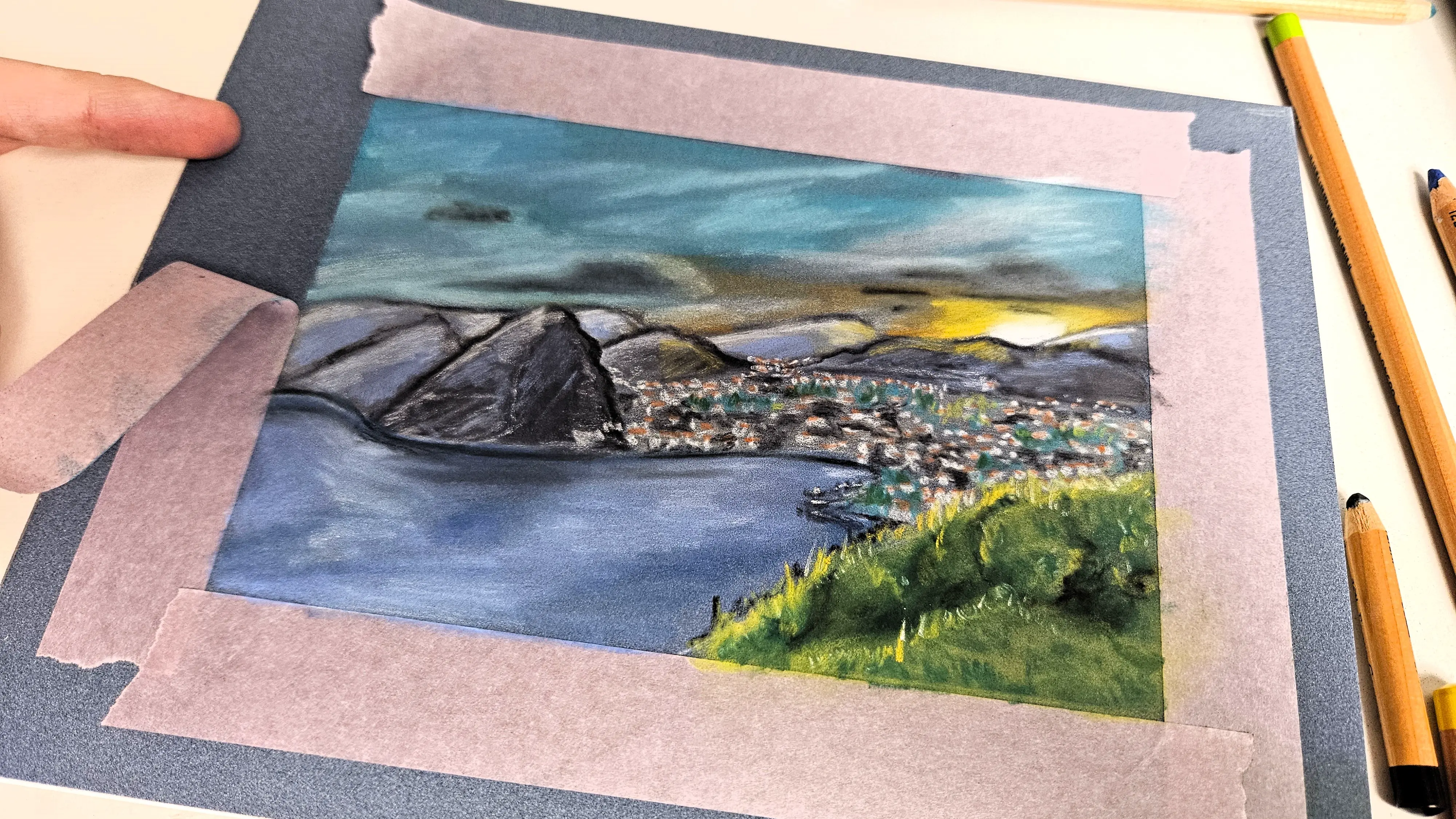 dessiner le ciel d’un paysage aux pastels secs