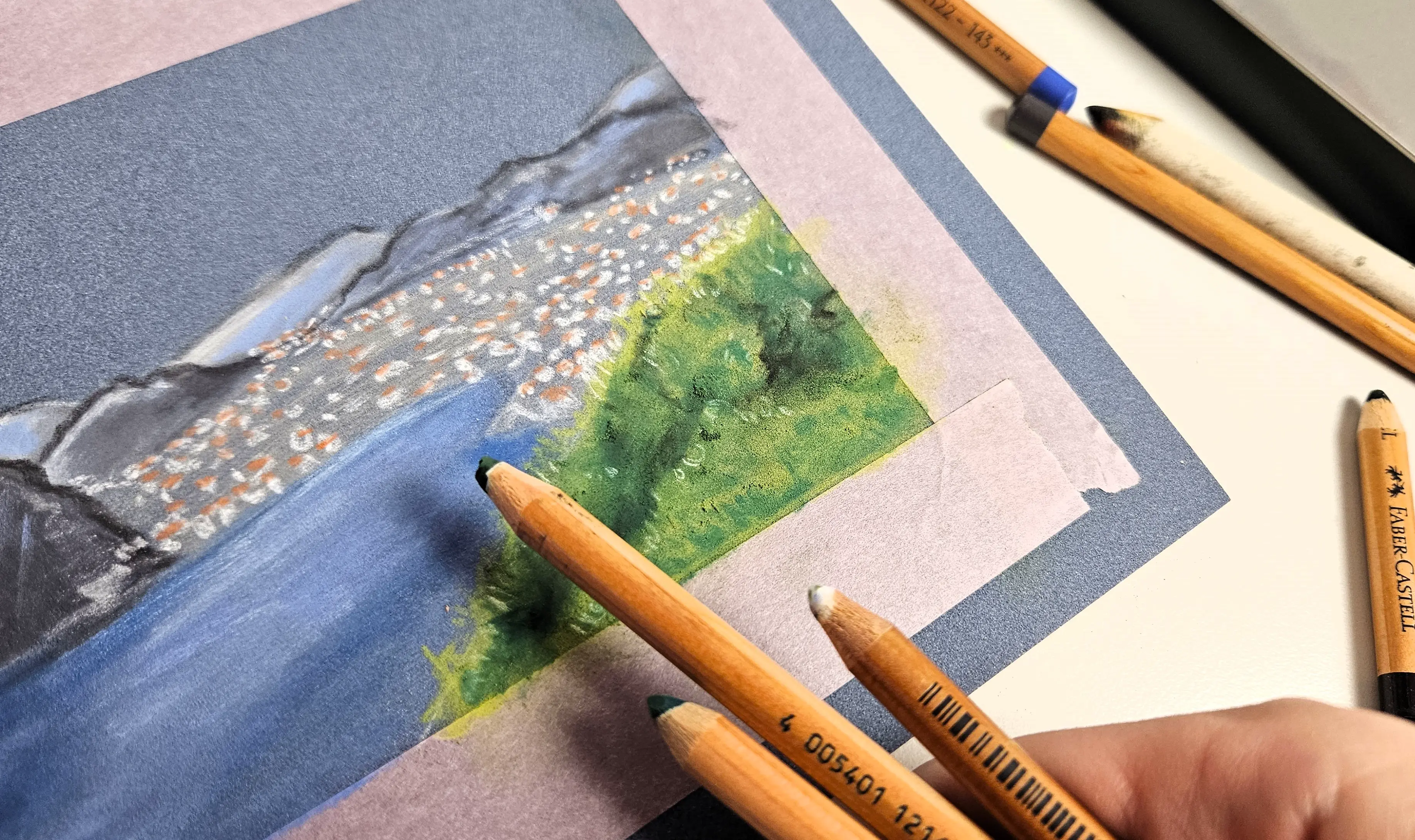 dessiner le feuillage d’un paysage aux pastels secs