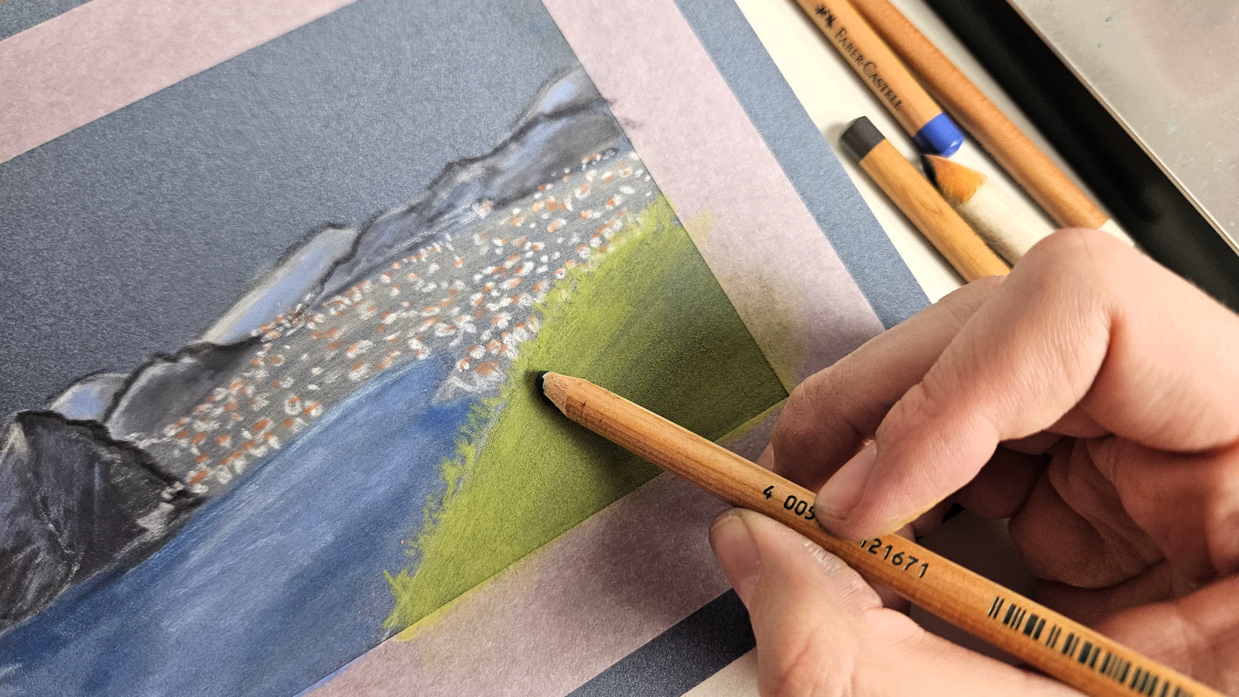 dessiner la verdure d’un paysage aux pastels secs
