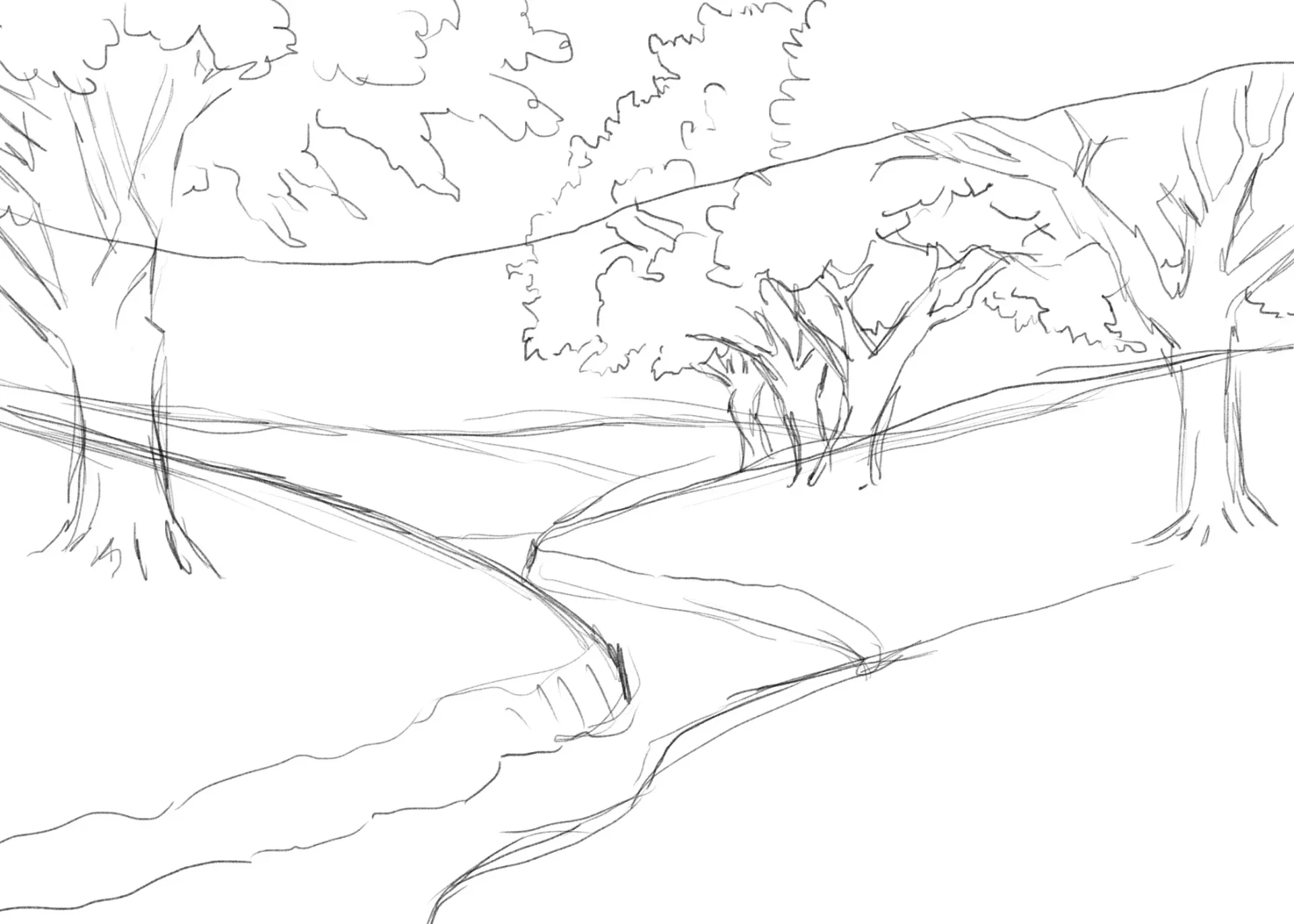 dessiner les arbres d’un paysage printanier