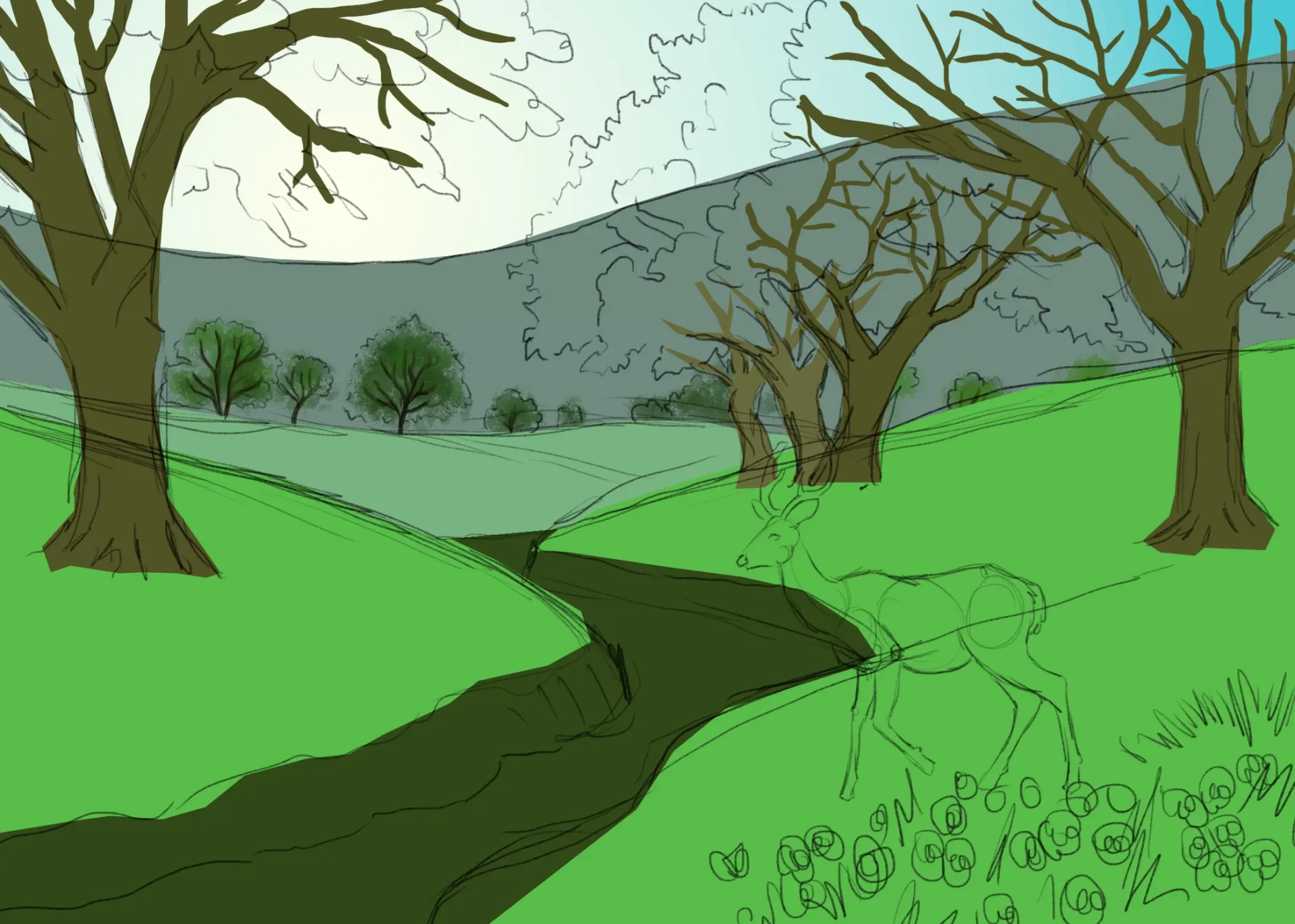 dessiner les branches des arbres d’un paysage printanier